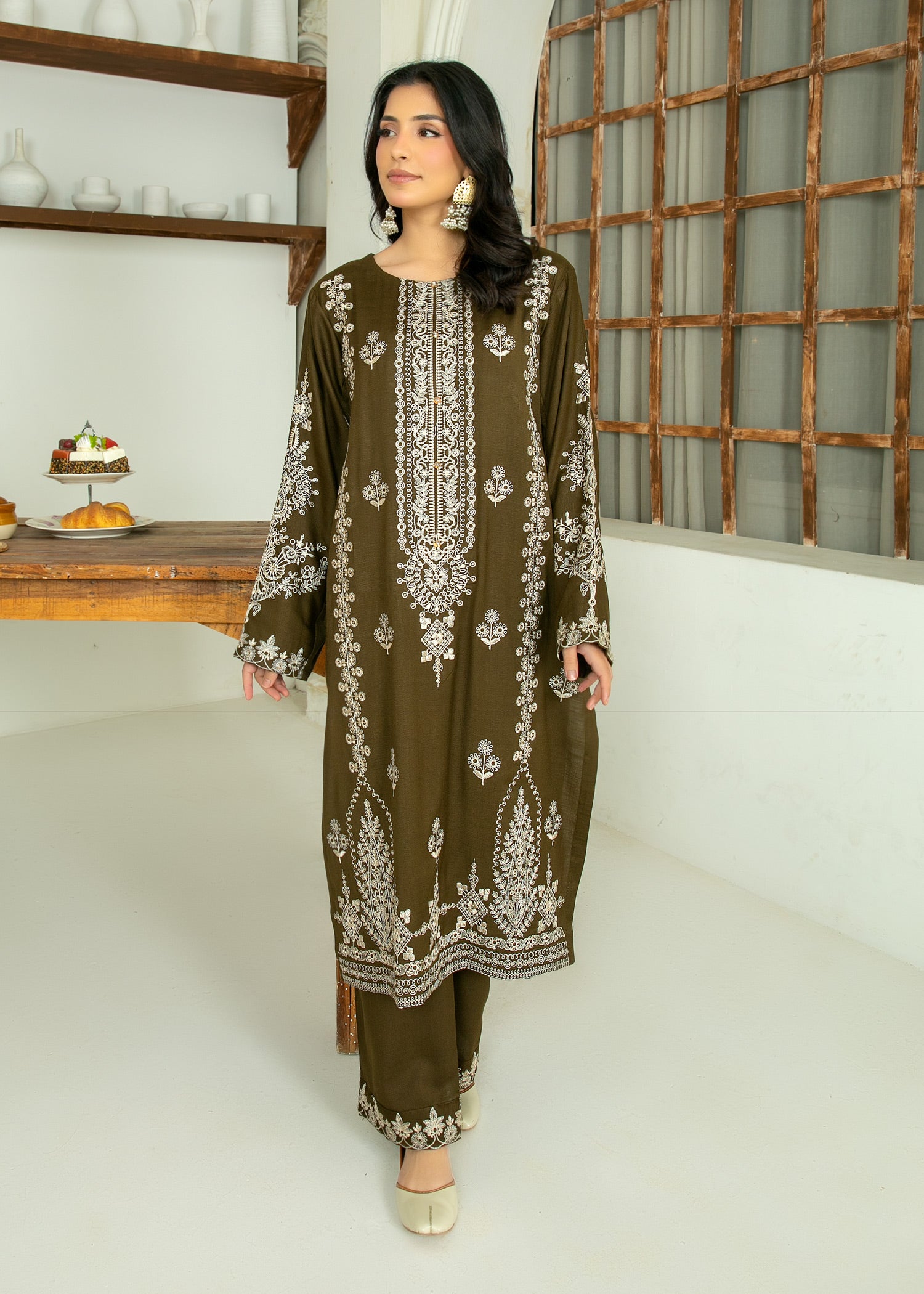 peach wool Kurta Set in Black olive