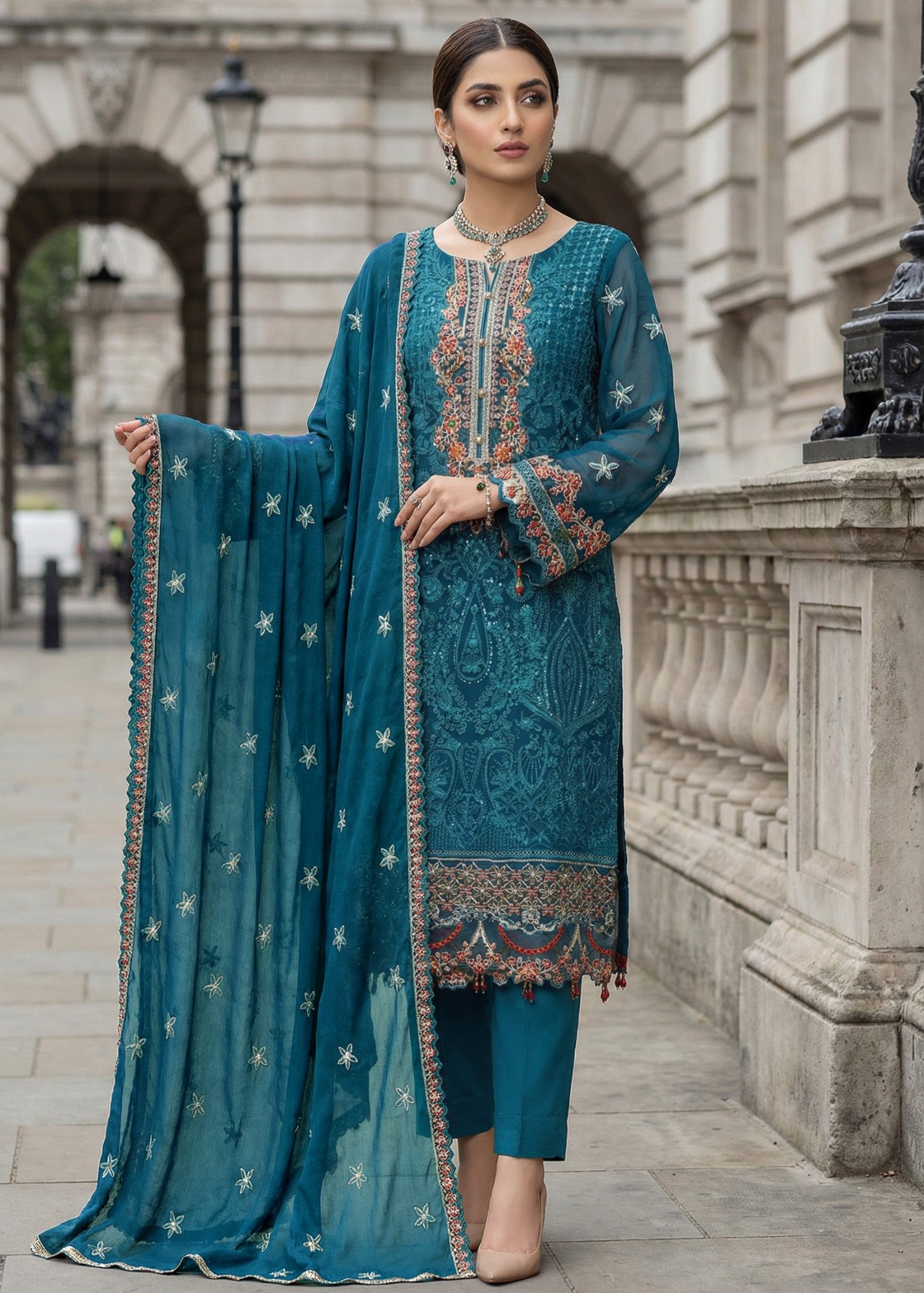 chiffon Kurta Set in Bondi blue