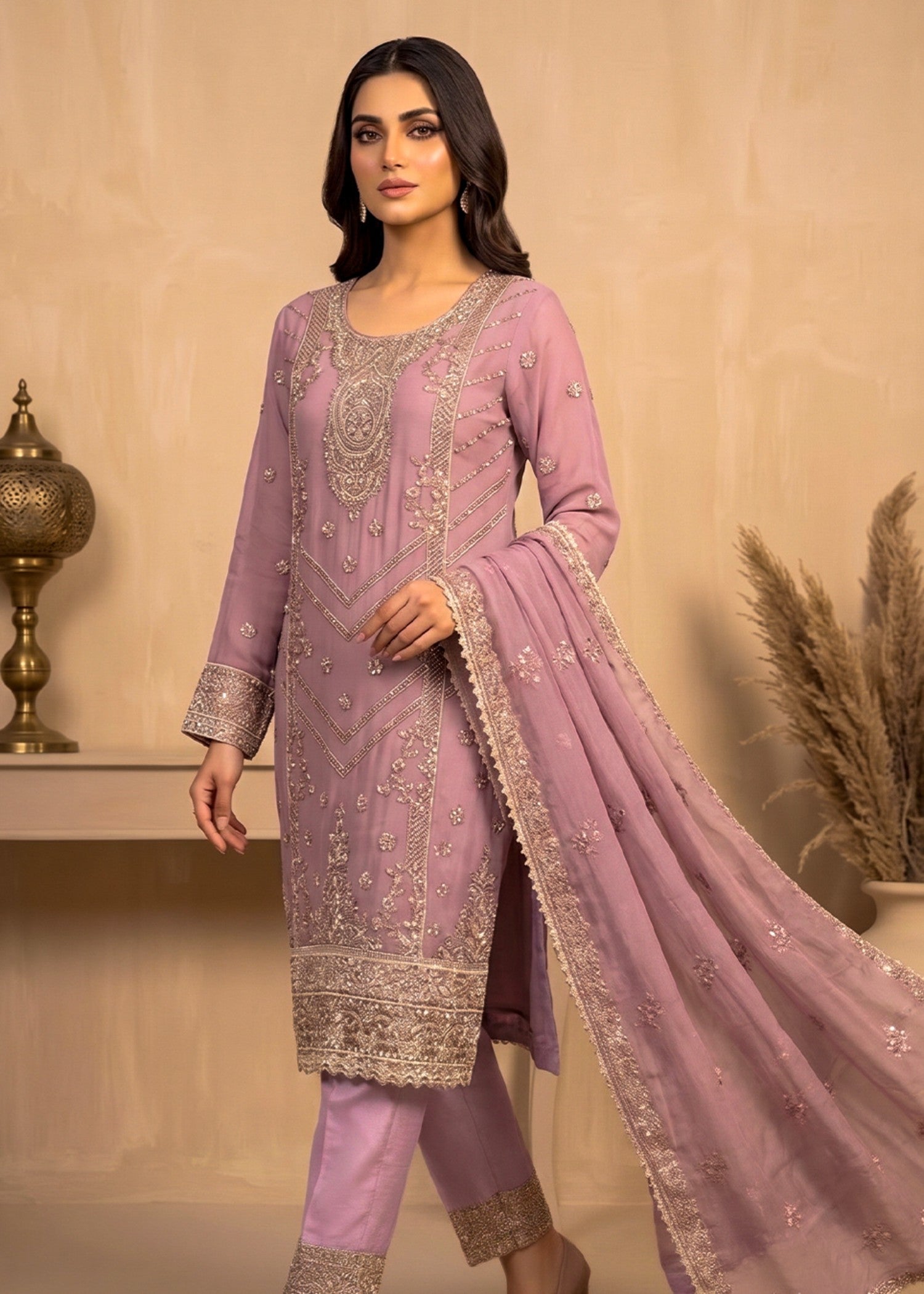 chiffon Kurta Set in Lavender