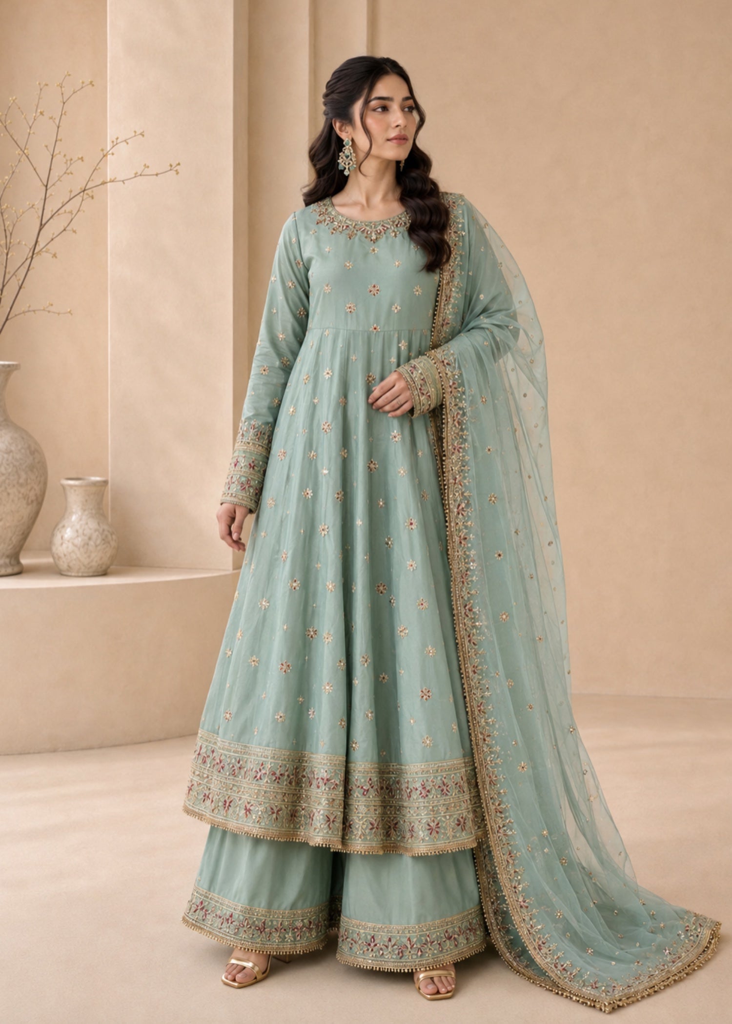 silk Pishwas in Aquamarine