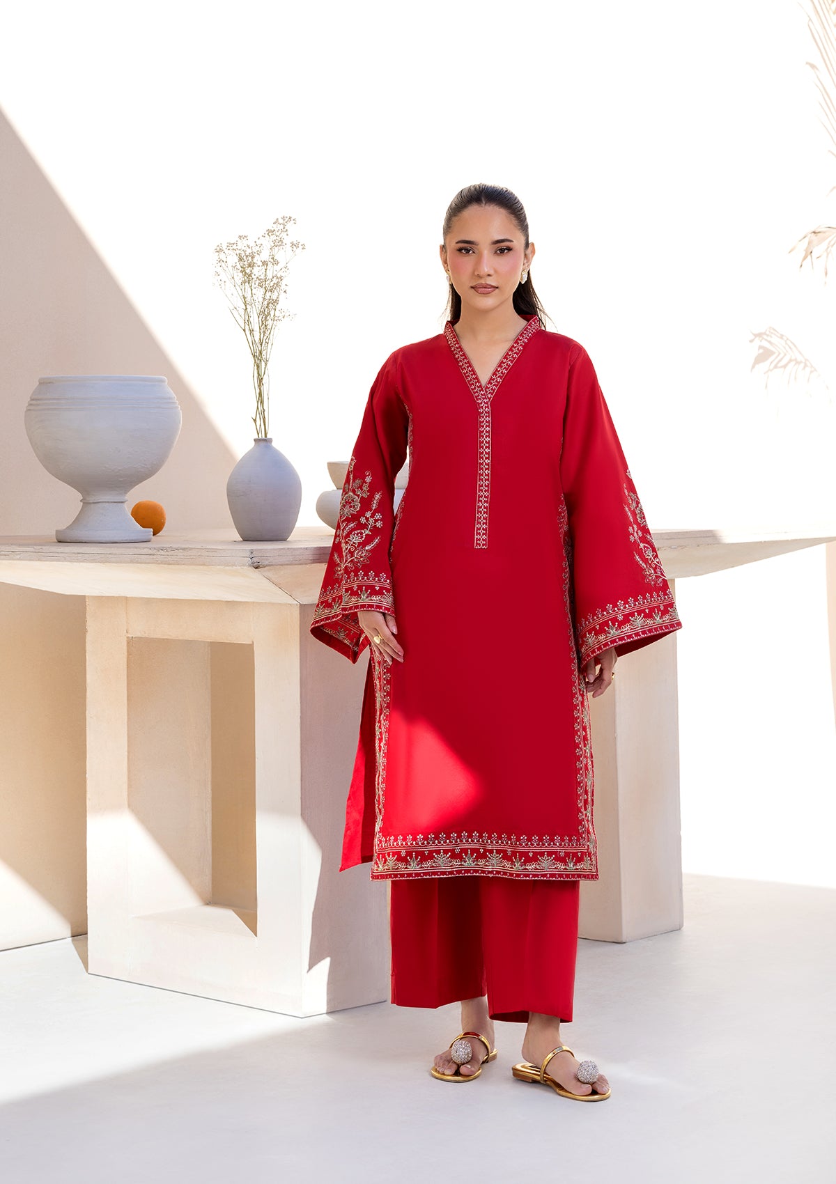 cotton Kurta Set in Red