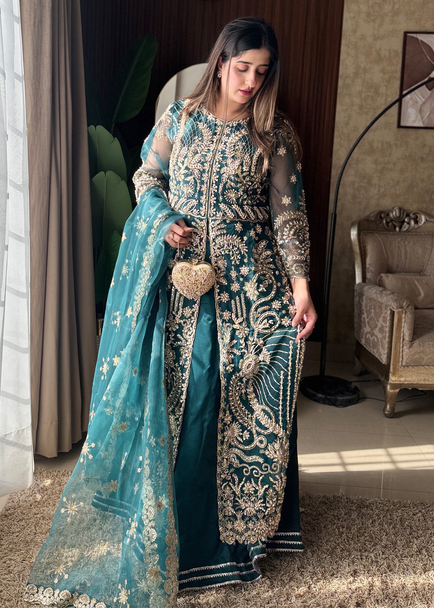 organza Lehenga in Sea green
