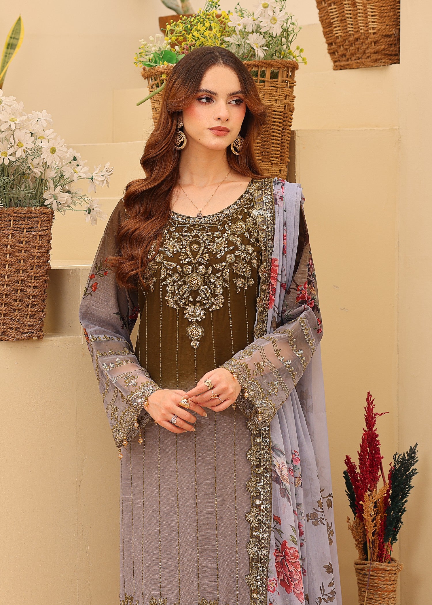 chiffon Kurta Set in Dark brown, grey