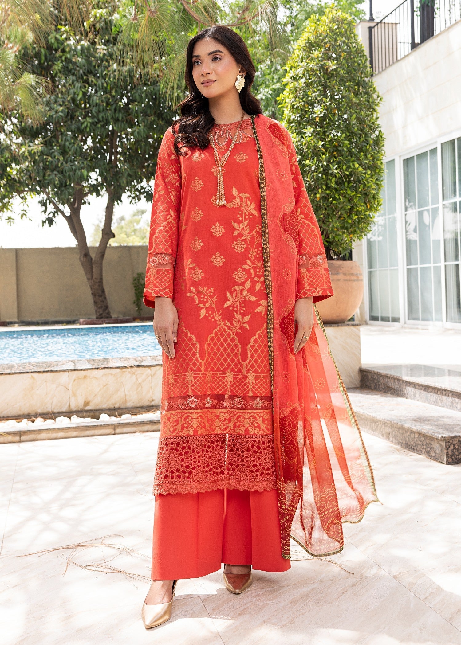 jacquard Kurta Set in Orange