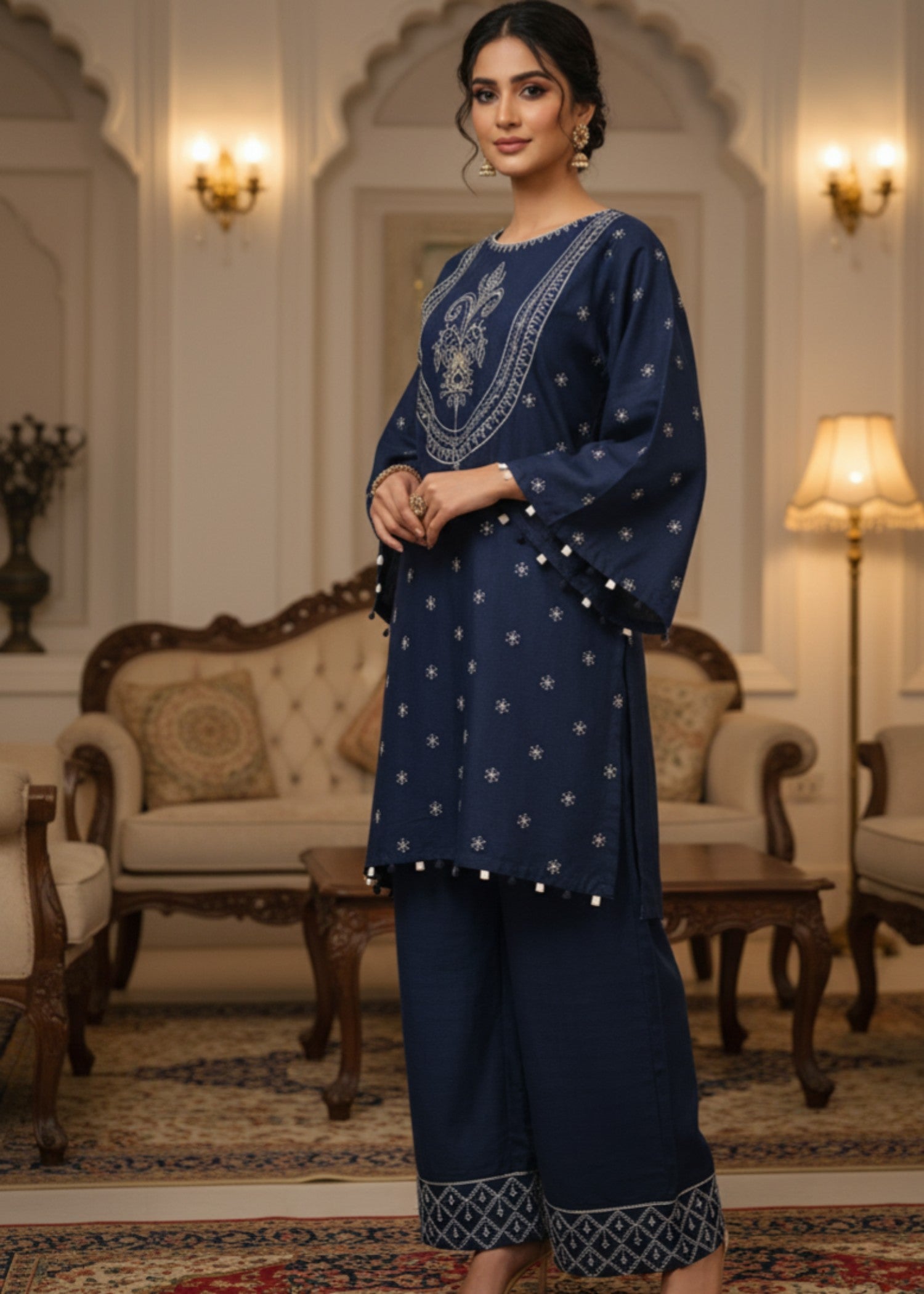 poly viscose Kurta Set in Navy blue