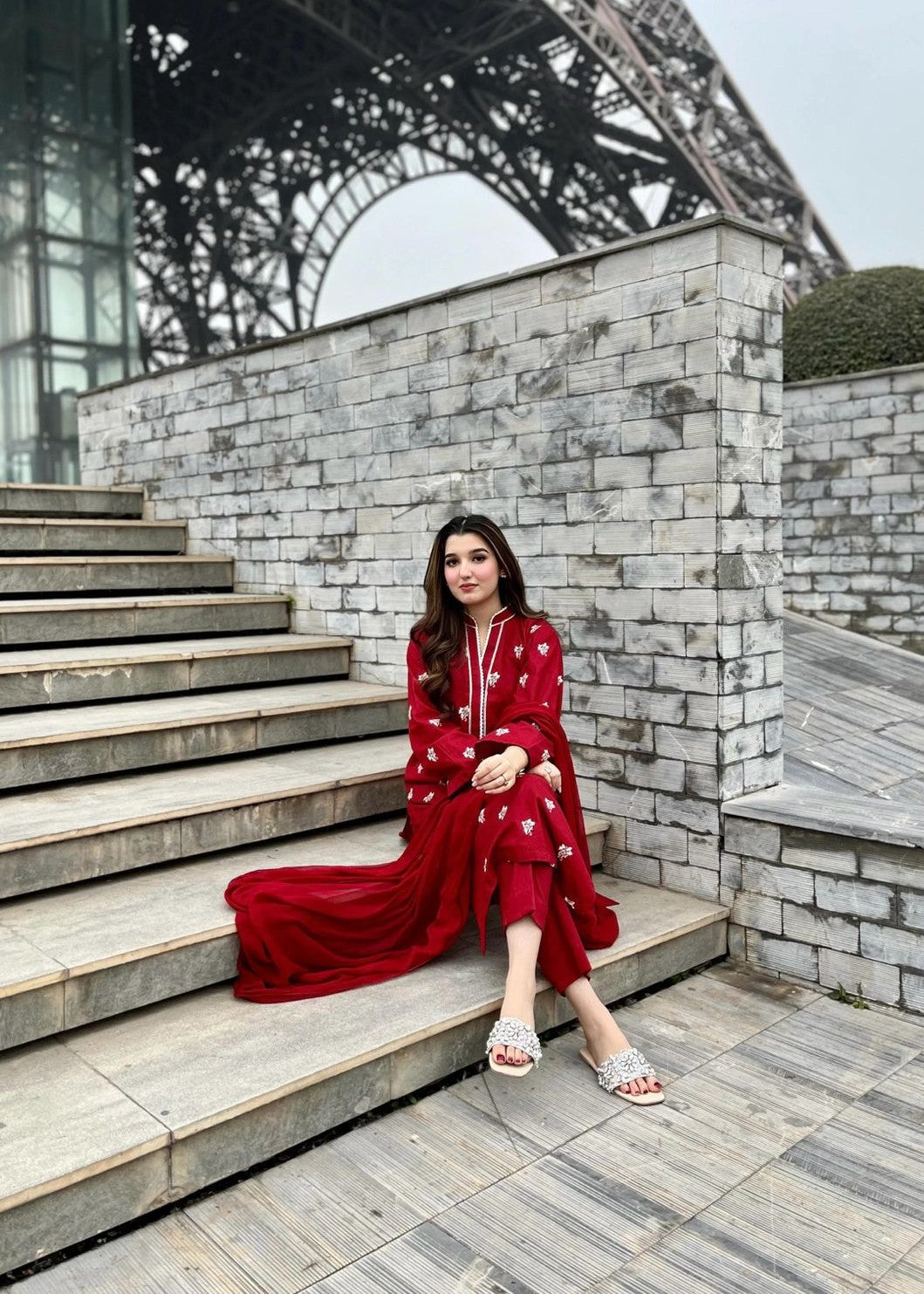 linen Kurta Set in Red