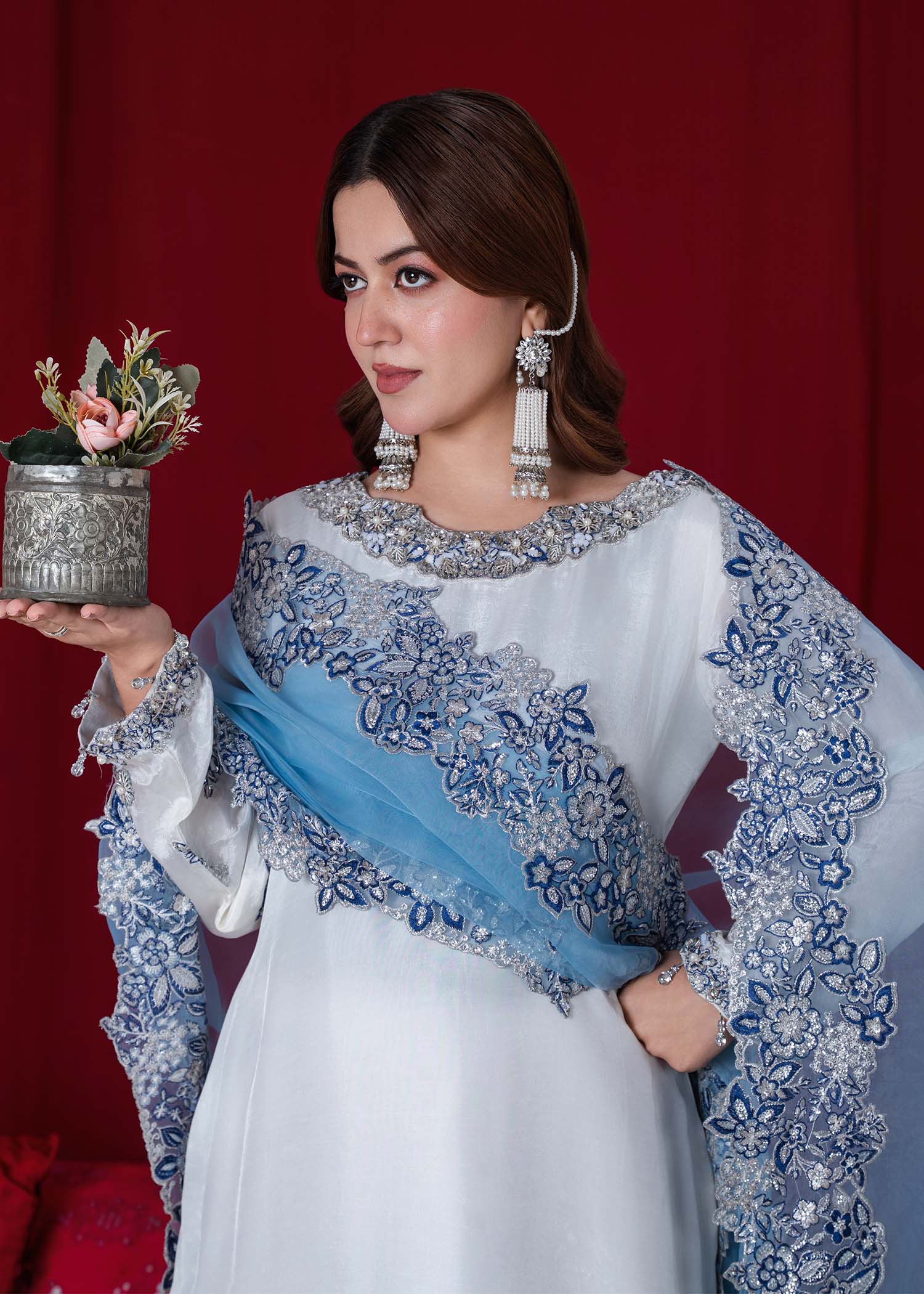 tissue silk Kurta Set in White, sky blue