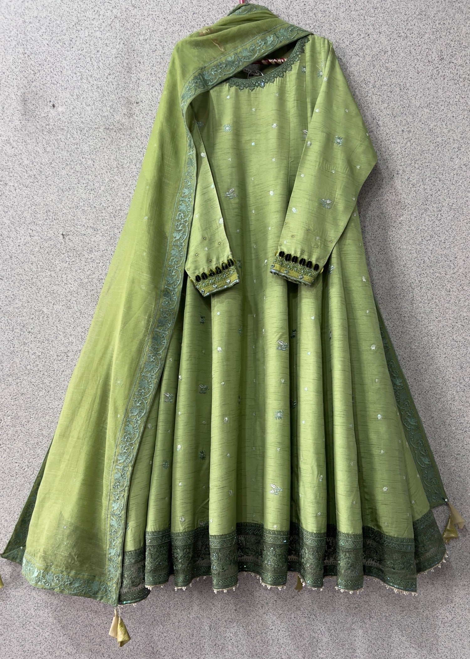 indian raw silk Anarkali in Moss green
