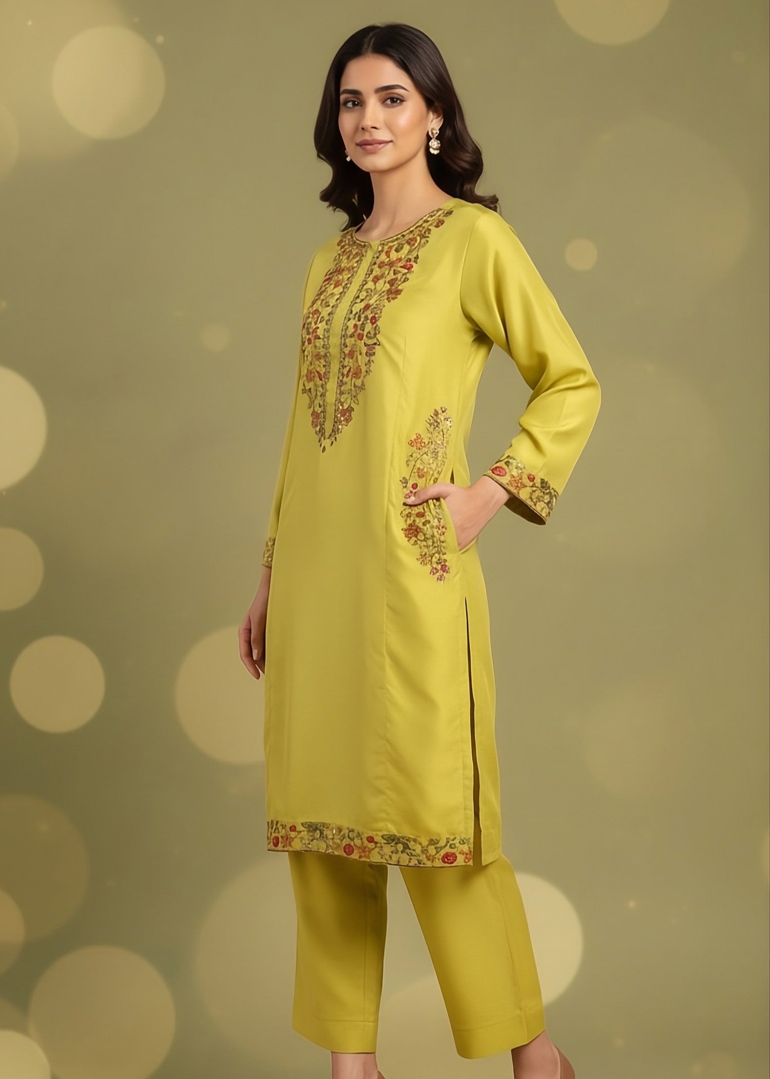 linen Kurta Set in Acid yellow