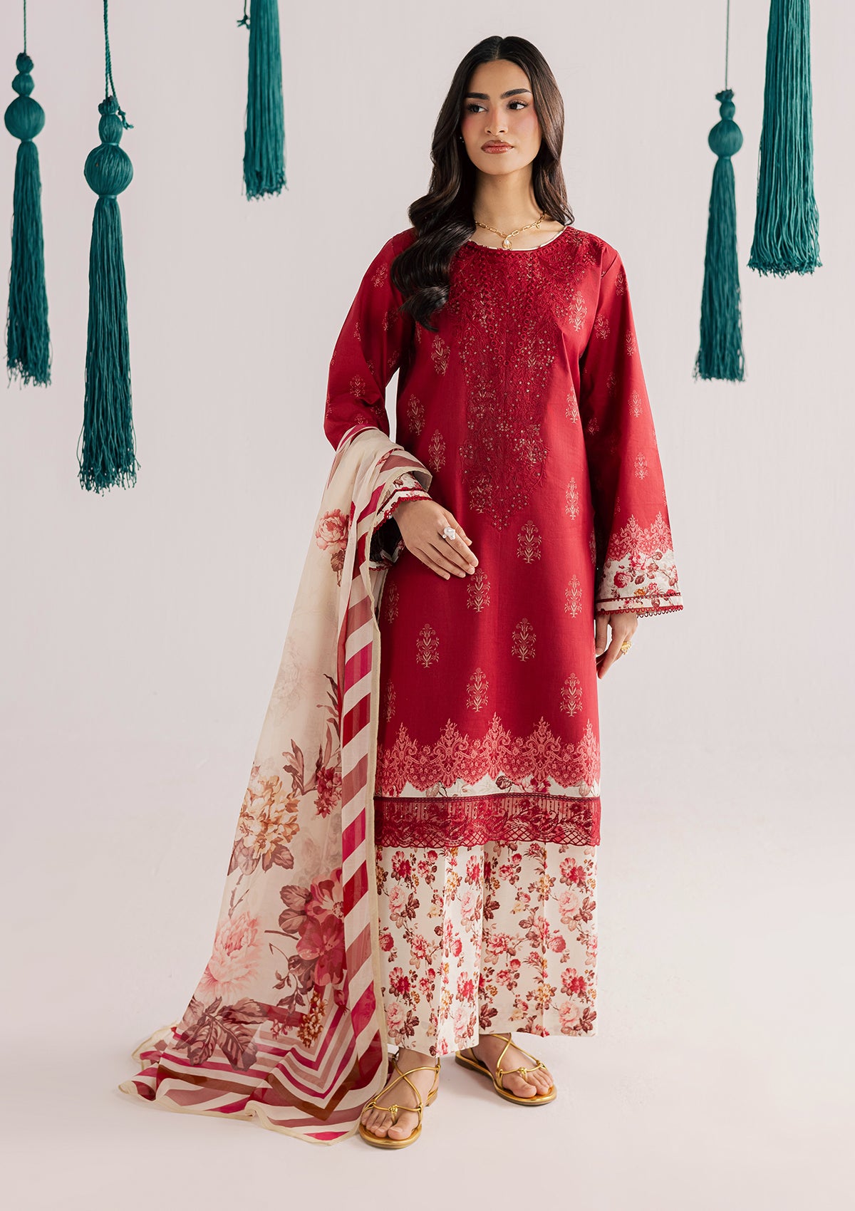 lawn Kurta Set in Red