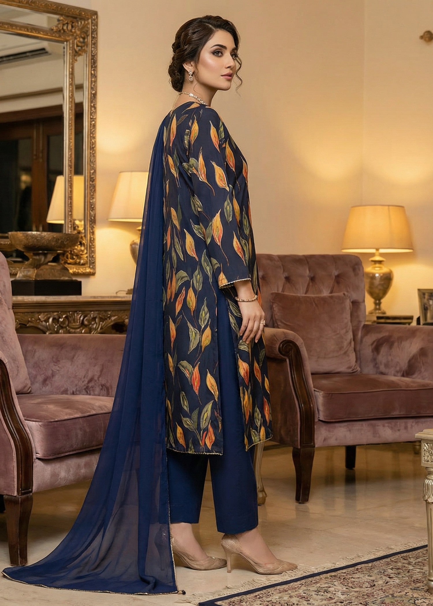 silk Kurta Set in Navy blue
