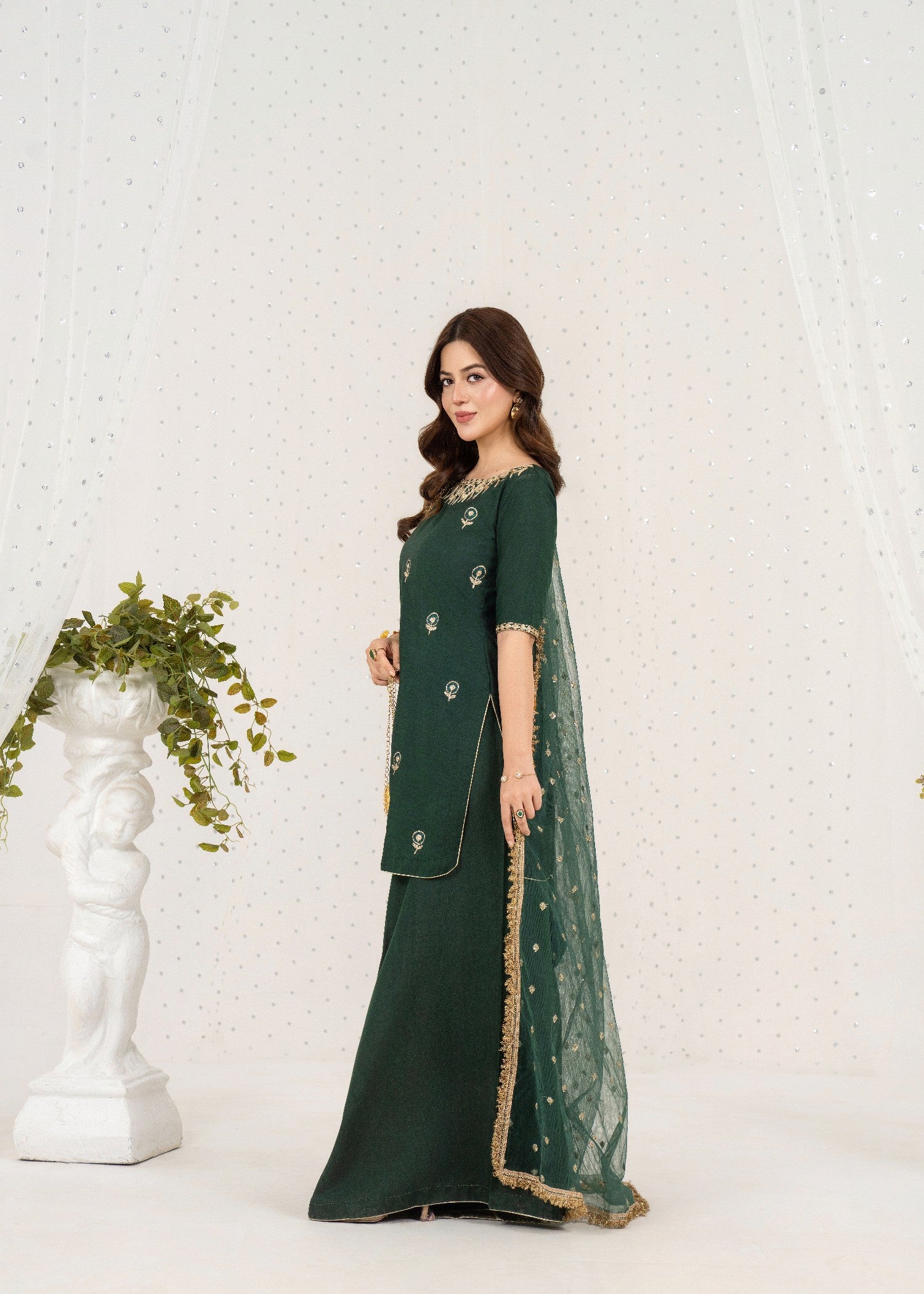 raw silk Sharara in Bottle green