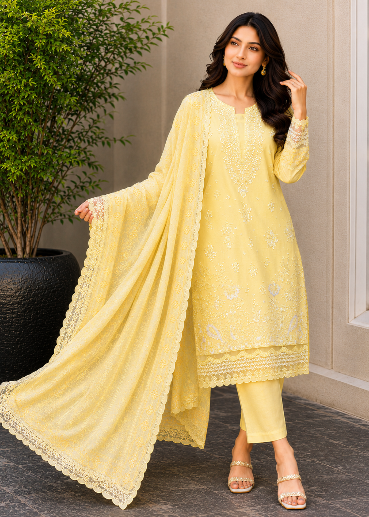 lawn cotton Kurta Set in Lemon, butter