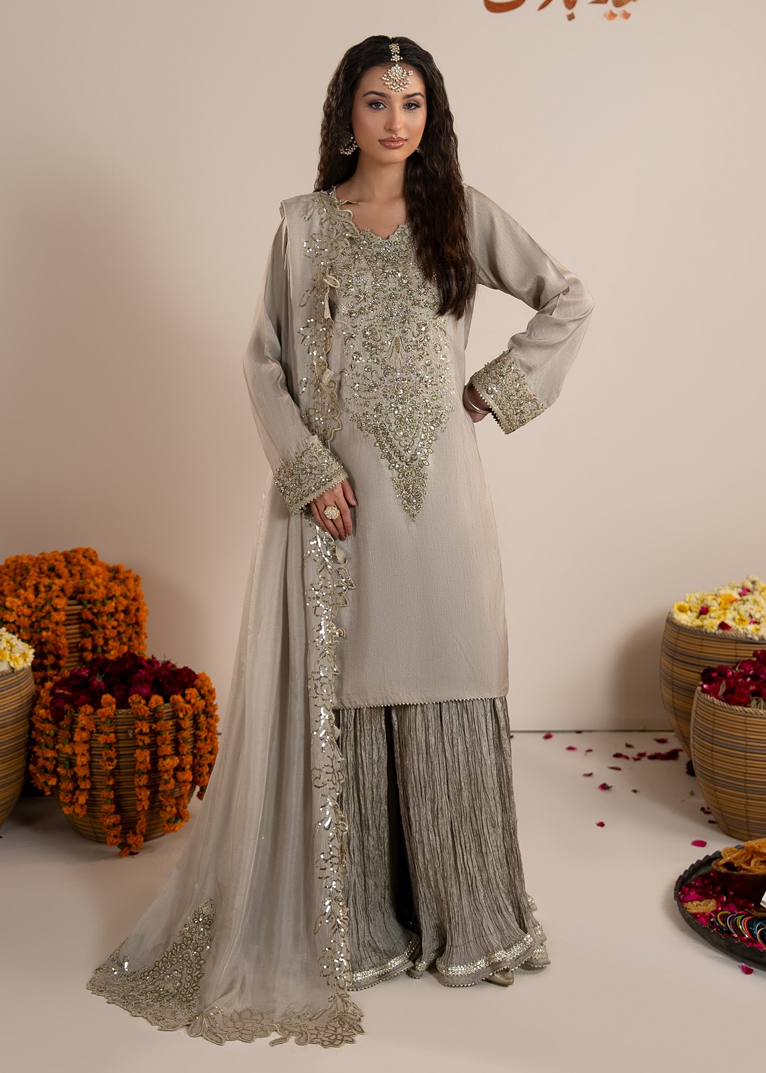 raw silk Sharara in Grey