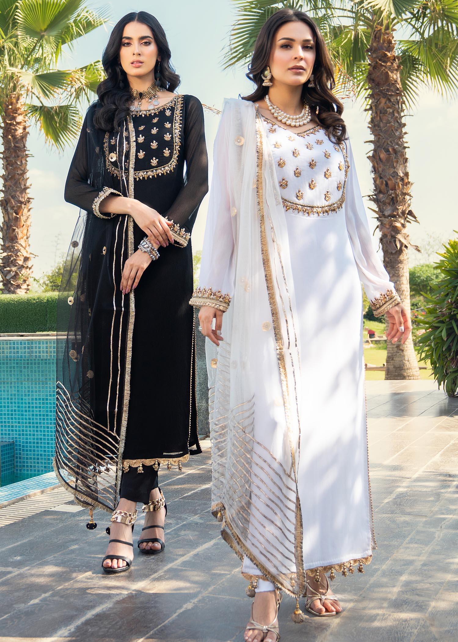 crinkle chiffon Kurta Set in White