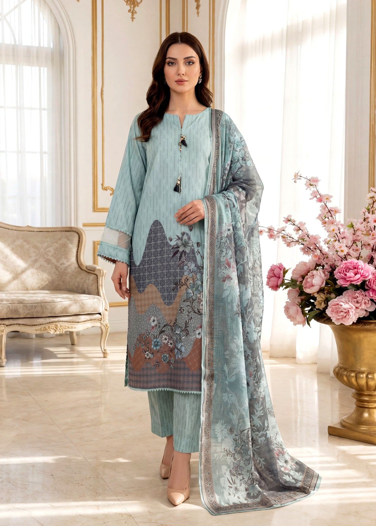 arabic lawn Kurta Set in Frost blue
