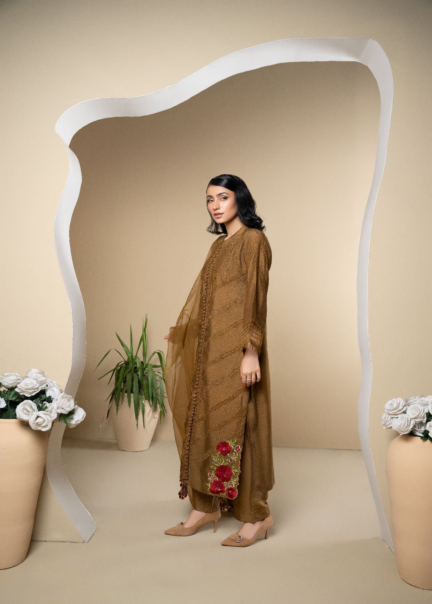 silk cotton net Kurta Set in Brown