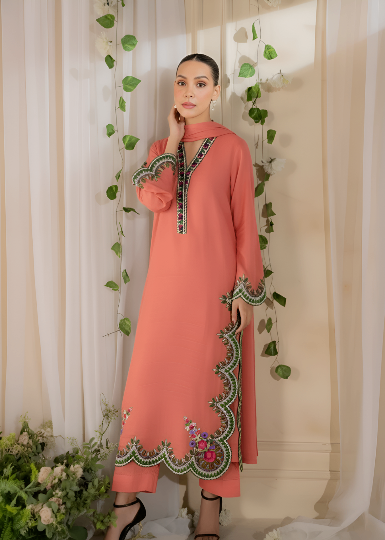 linen Kurta Set in Peach pink