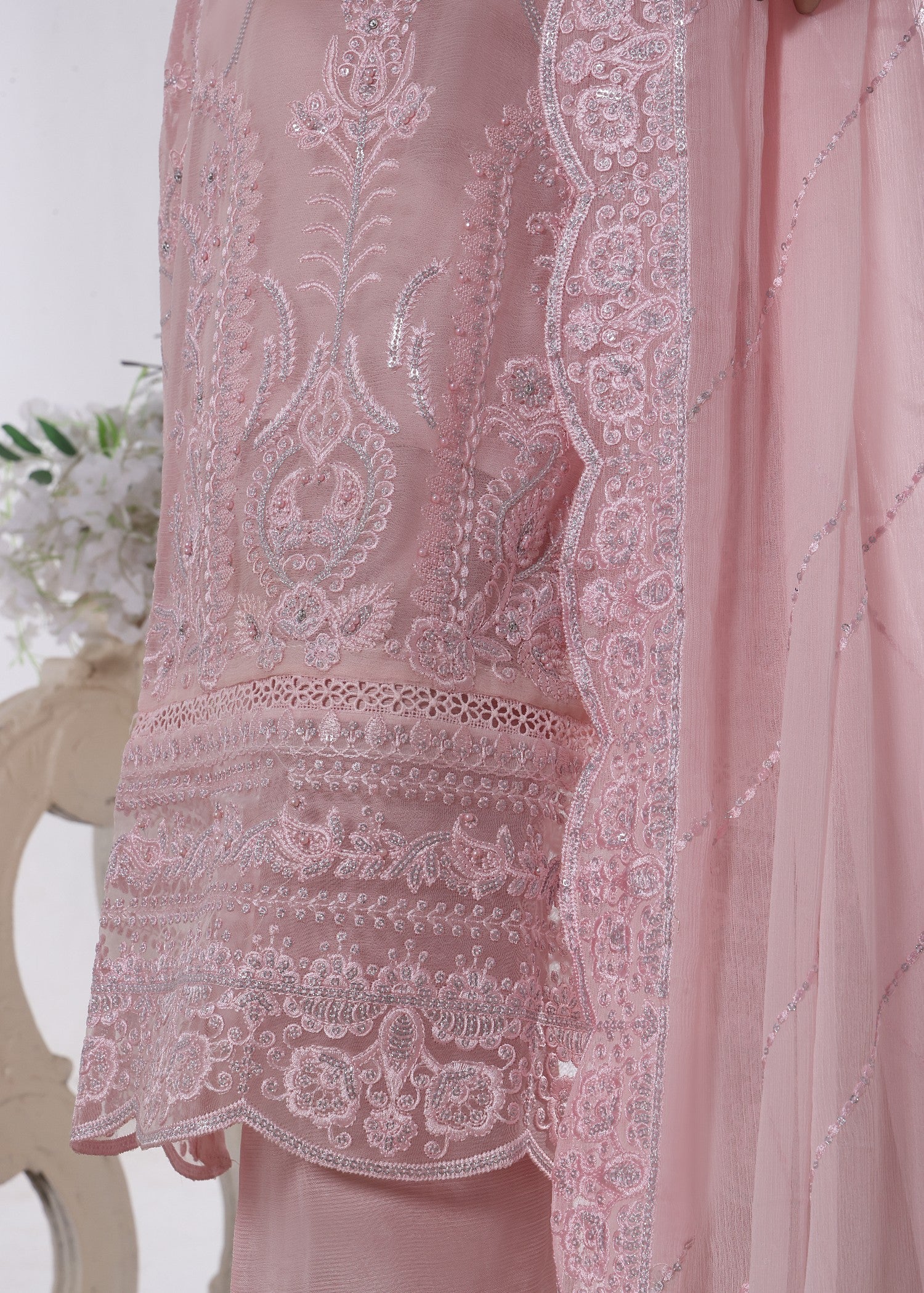 polyester chiffon Kurta Set in Peach pink