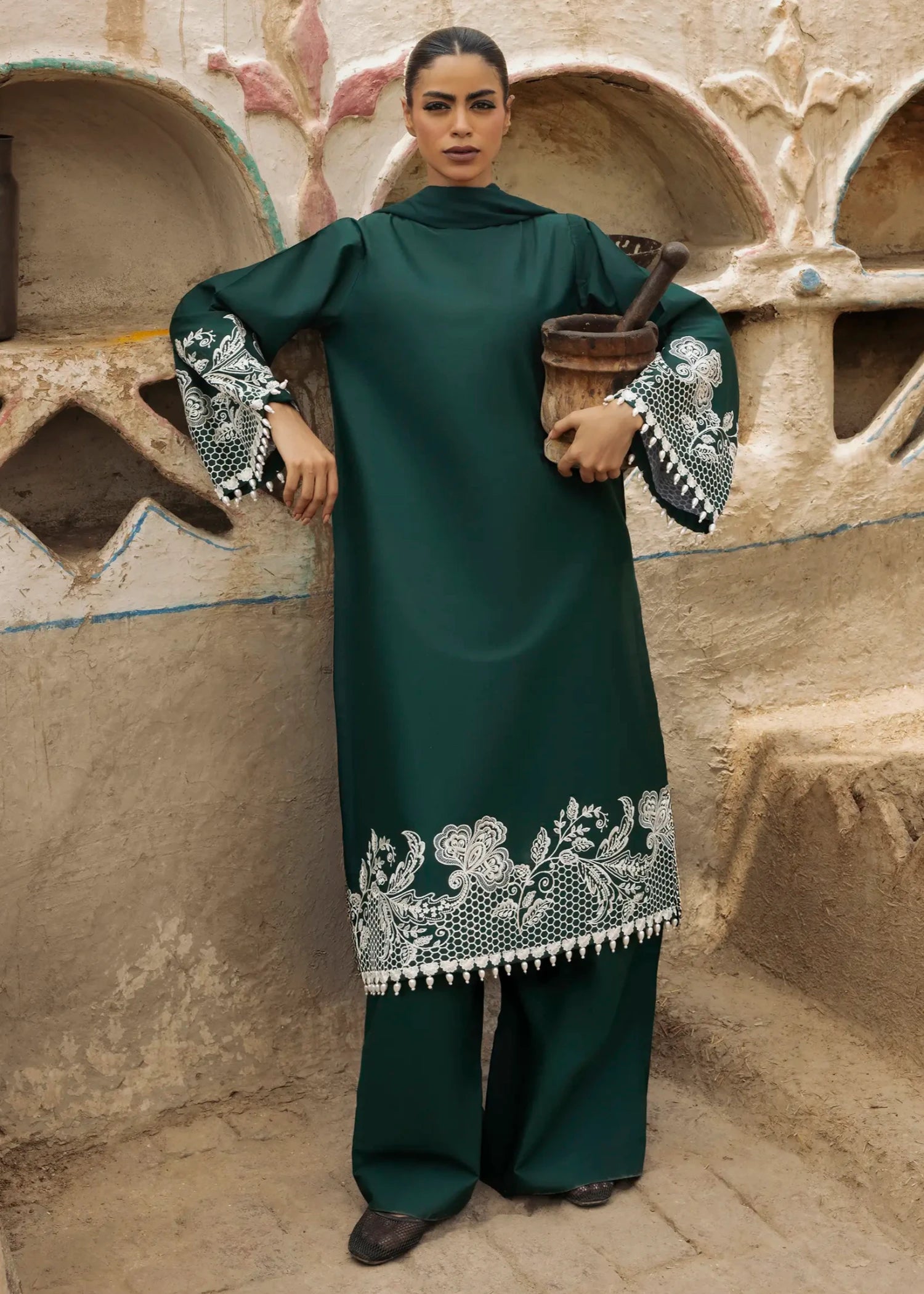 lawn cotton Kurta Set in Hunter green