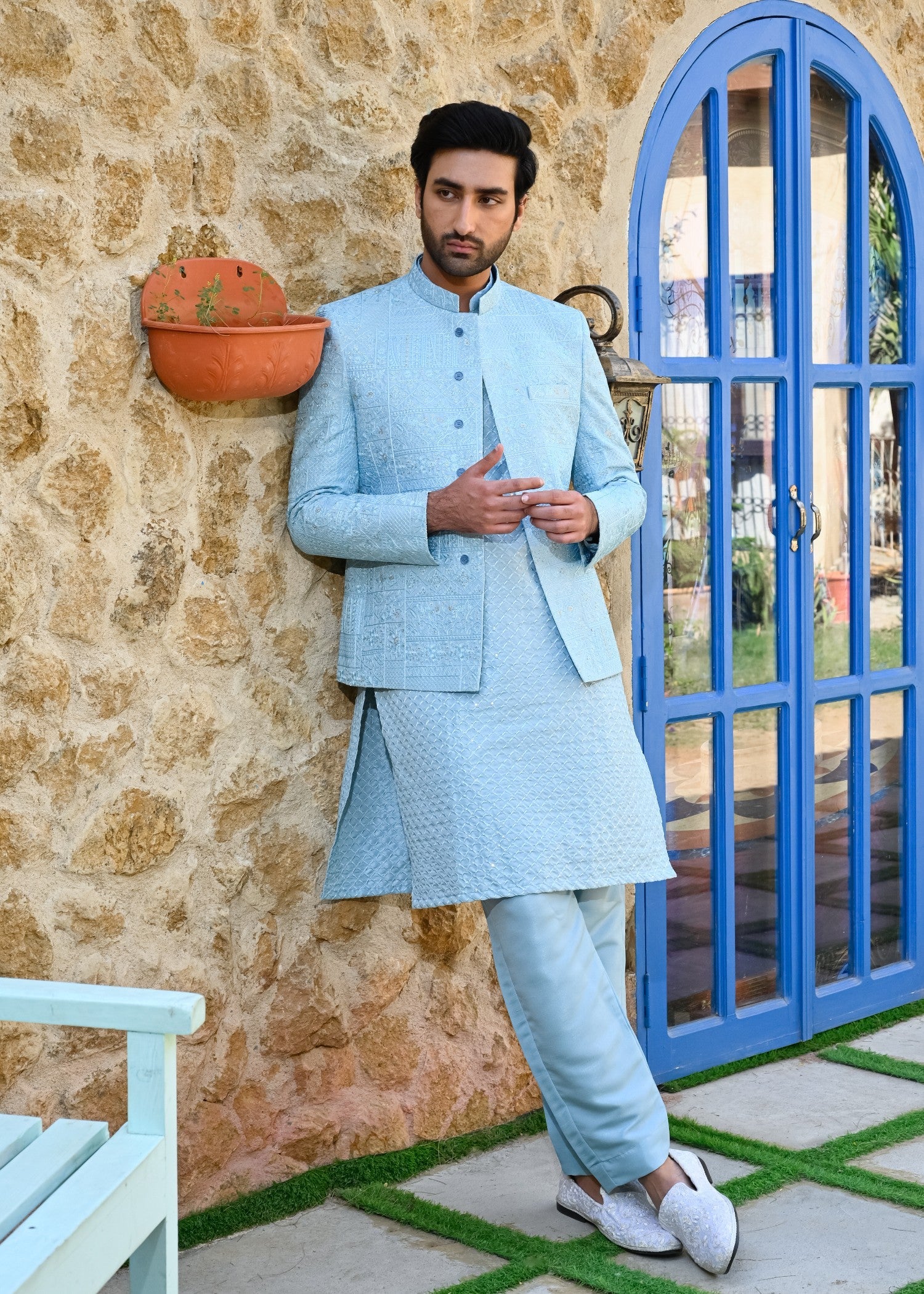 raw silk Prince Coat in Sky blue