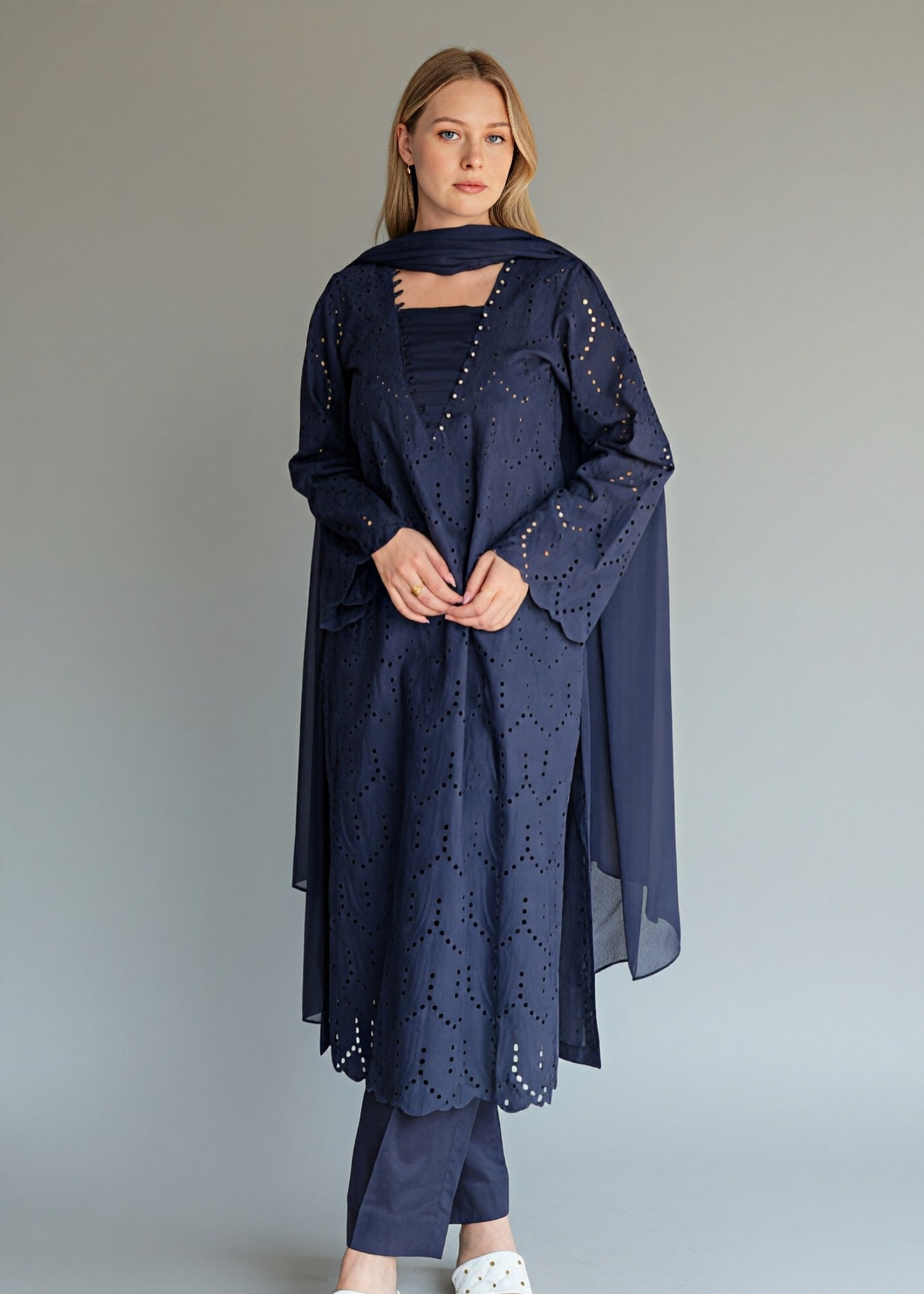 linen Kurta Set in Dark blue