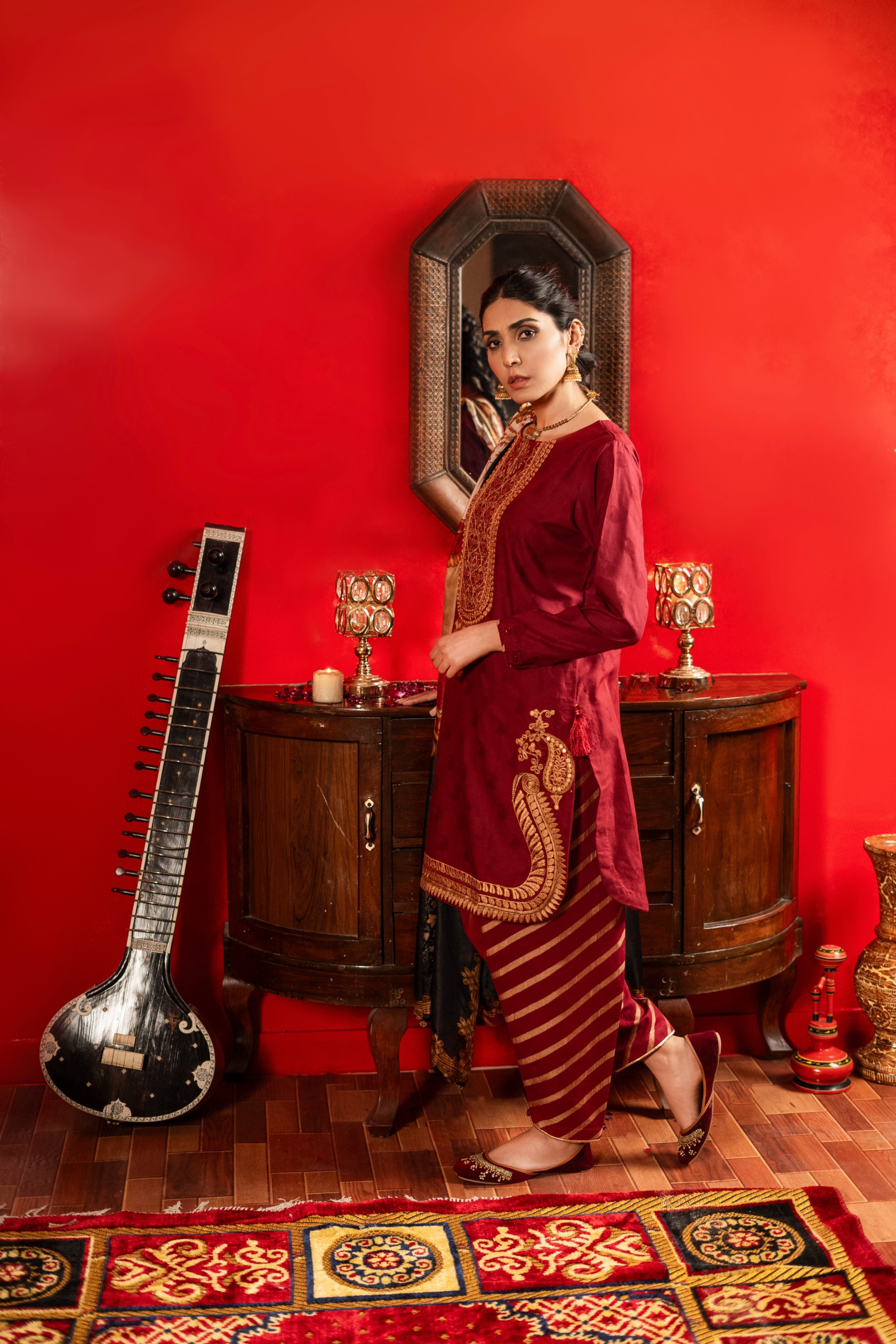 dobby Kurta Set in Maroon