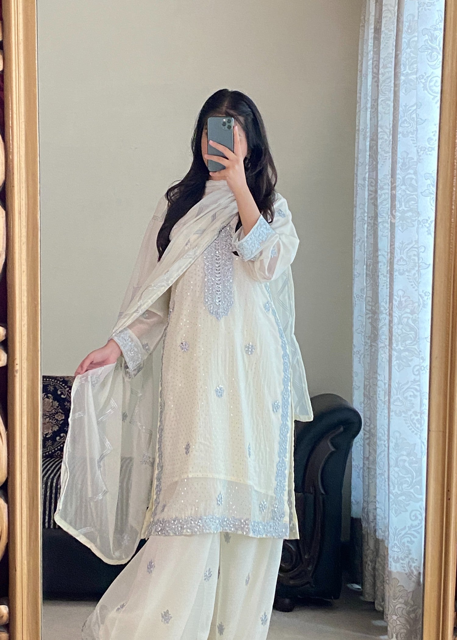 chiffon Kurta Set in Cream
