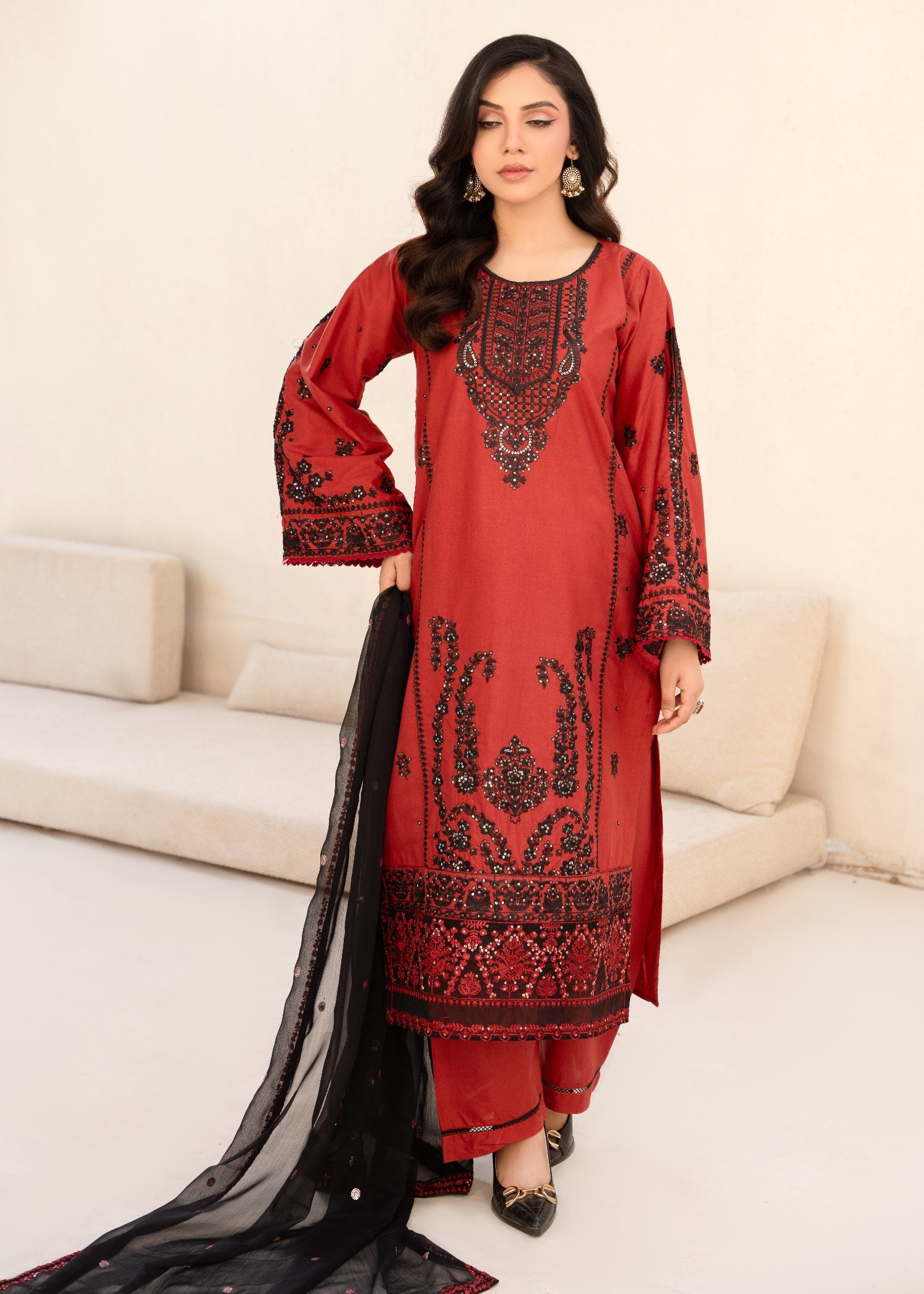 cambric Kurta Set in Rust red