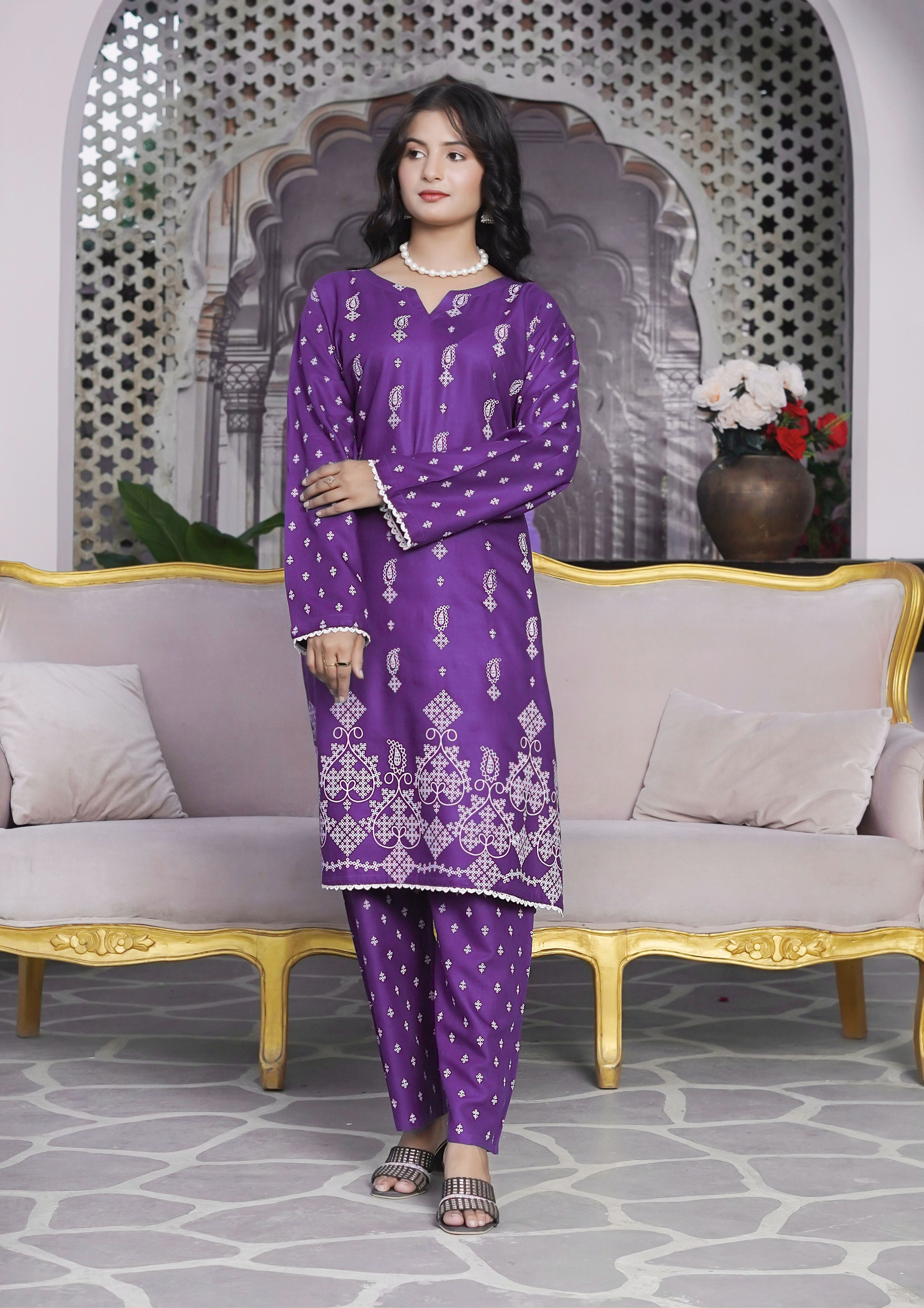 arabic lawn Kurta Set in Purple