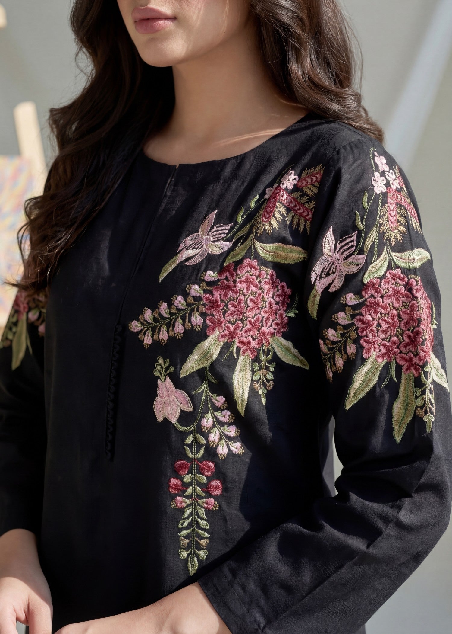 textured lawn Kurta Set in Black