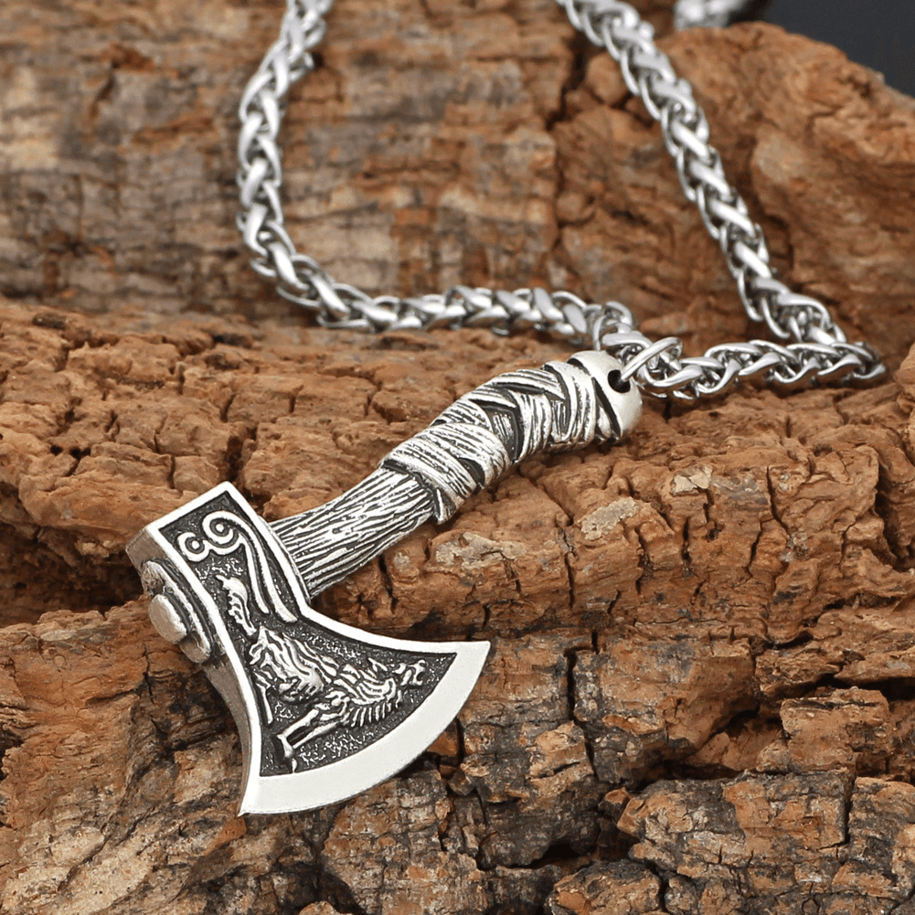 Celtic Wolf and Crow Double-Sided Axe Pendant
