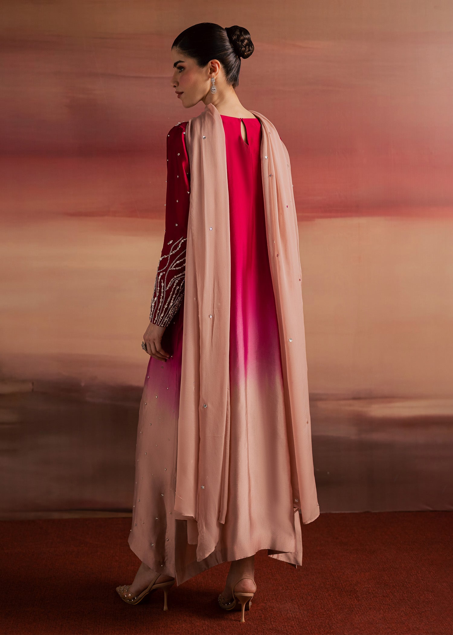 tussar silk Kaftan in Crimson