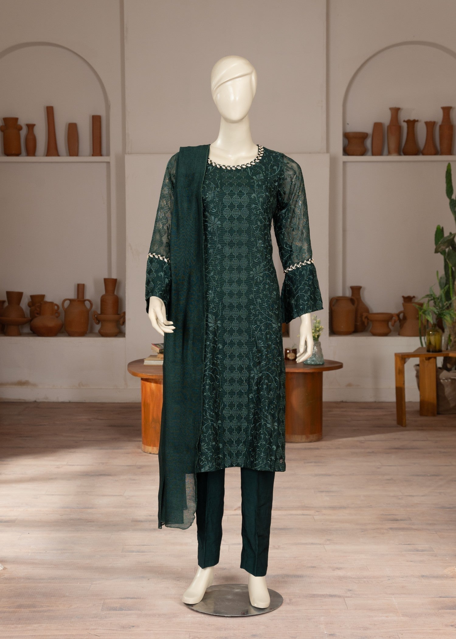 cotton net Kurta Set in Dark green