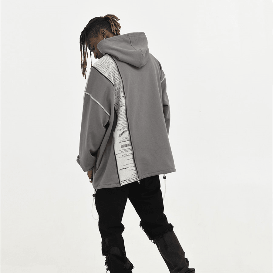 Asymmetrical Zipper Reverse Process Printing Loose Hooded Sweatshirt