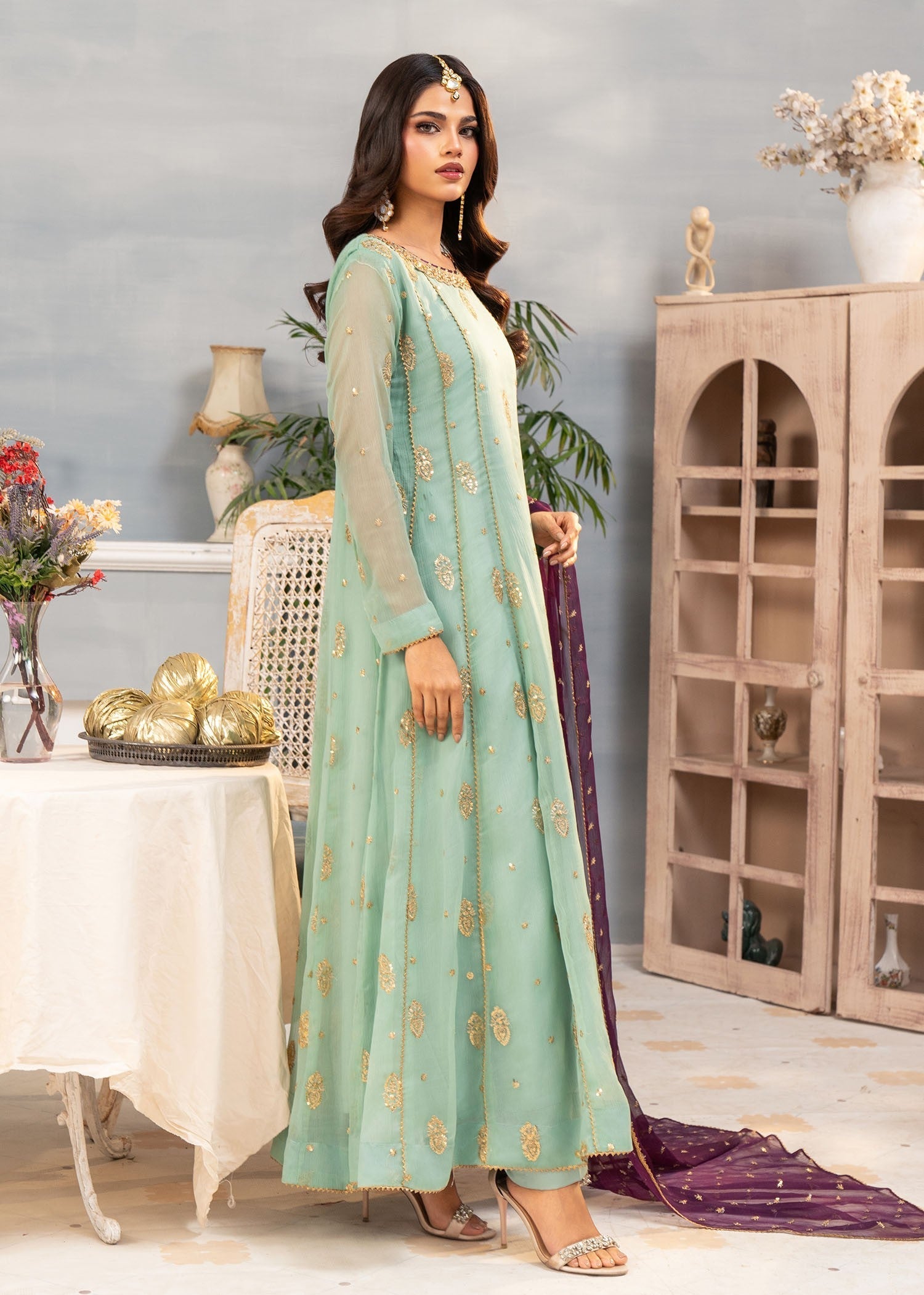 chiffon Anarkali in Pastel green