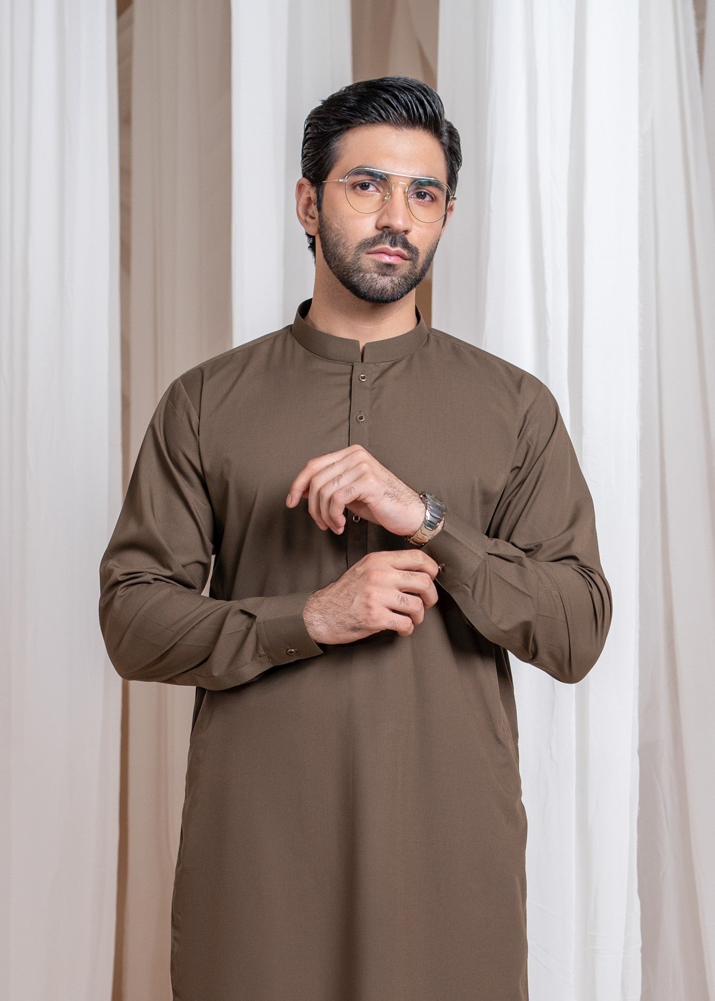 wash & wear Shalwar Kameez in Brown by Muraqsh