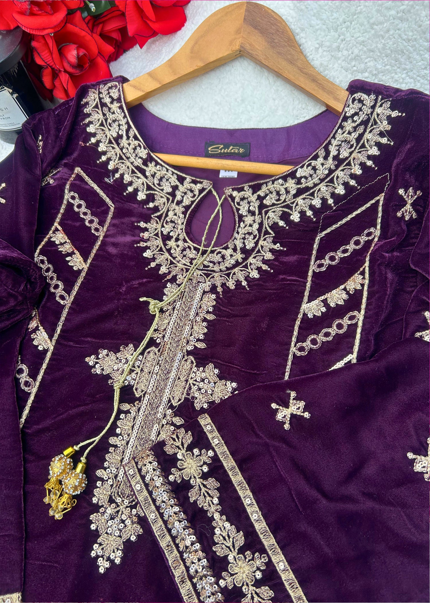 chinese micro velvet 9000 Kurta Set in Deep purple