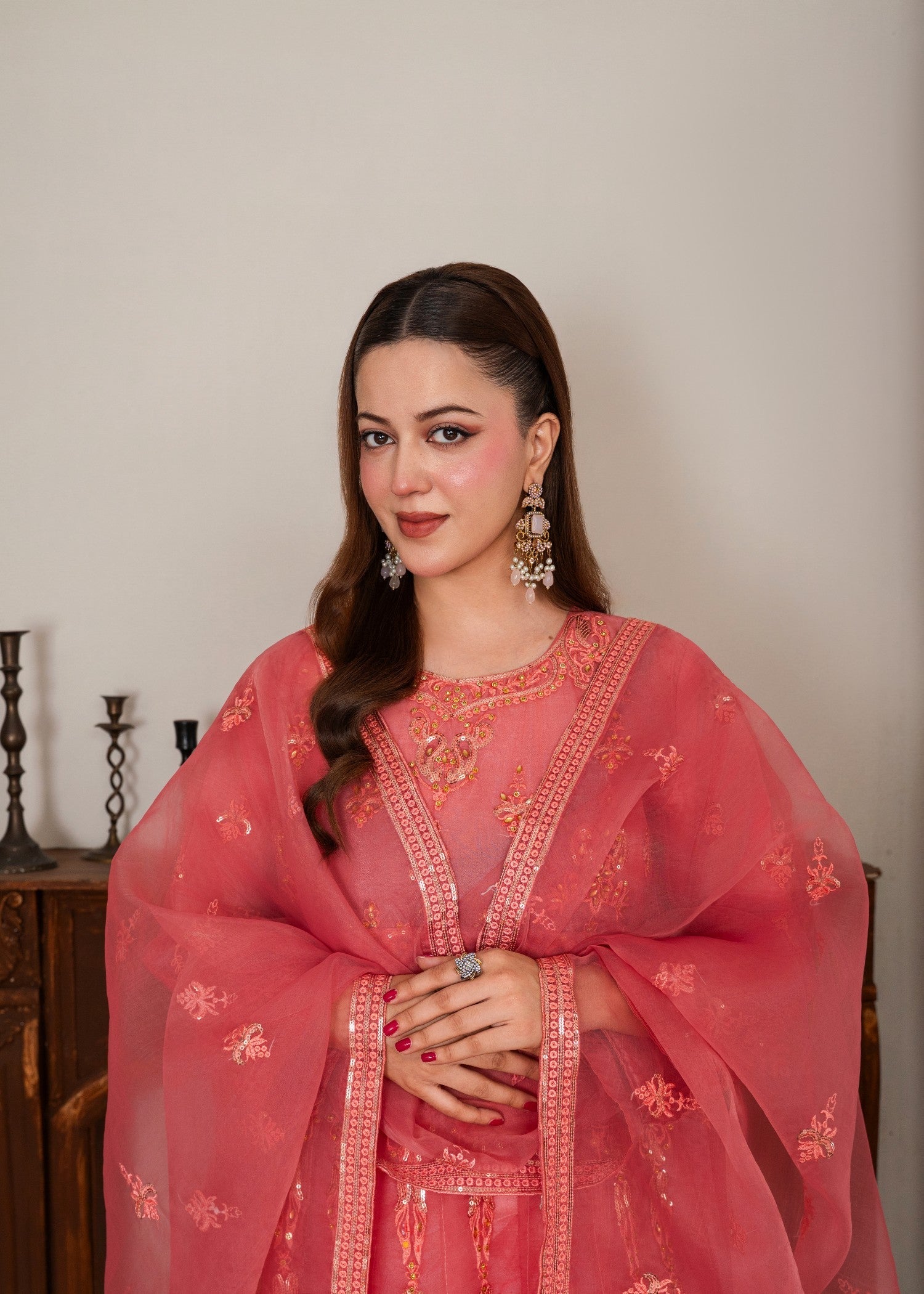 organza Pishwas in Peach pink
