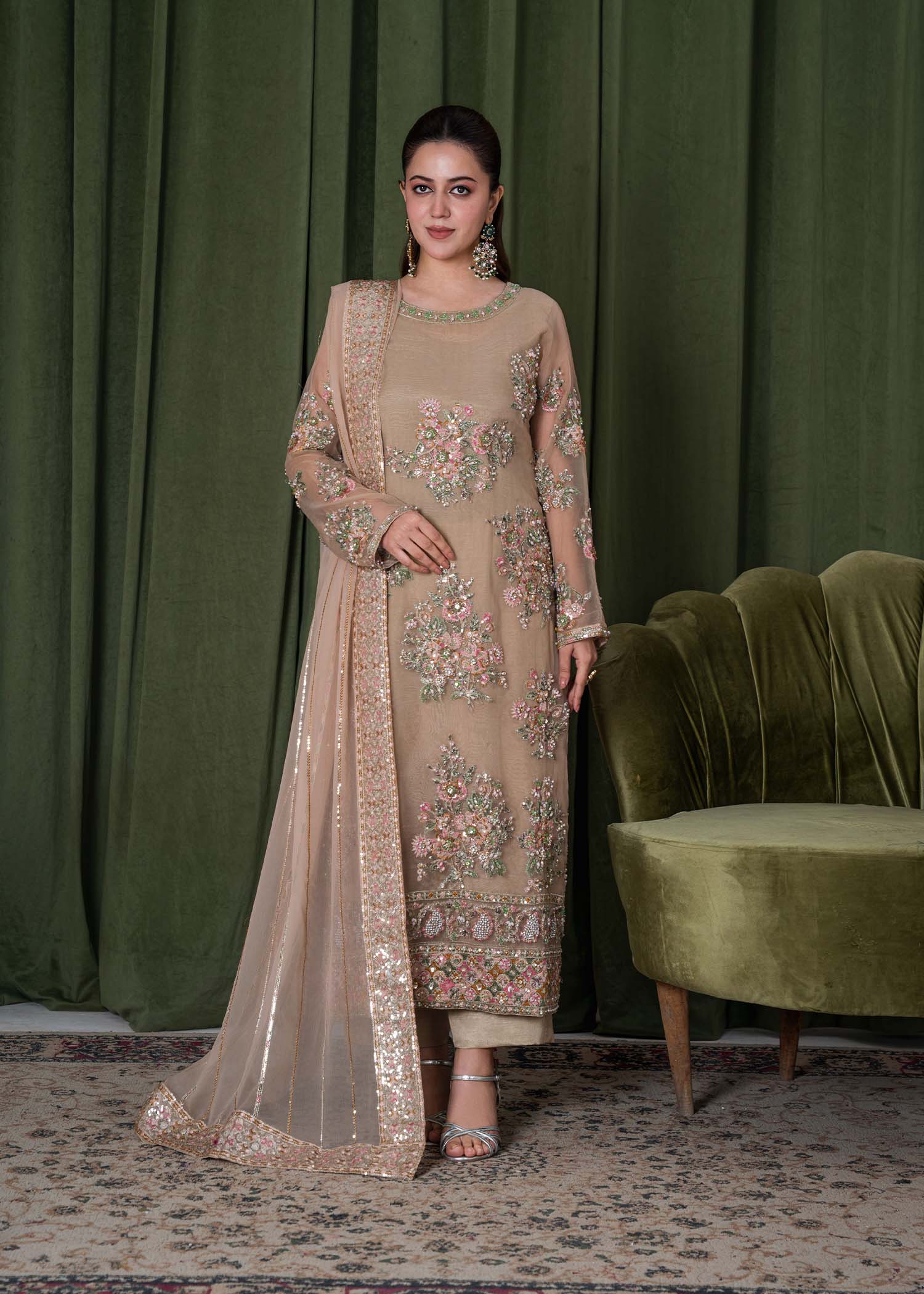 organza Kurta Set in Tan brown