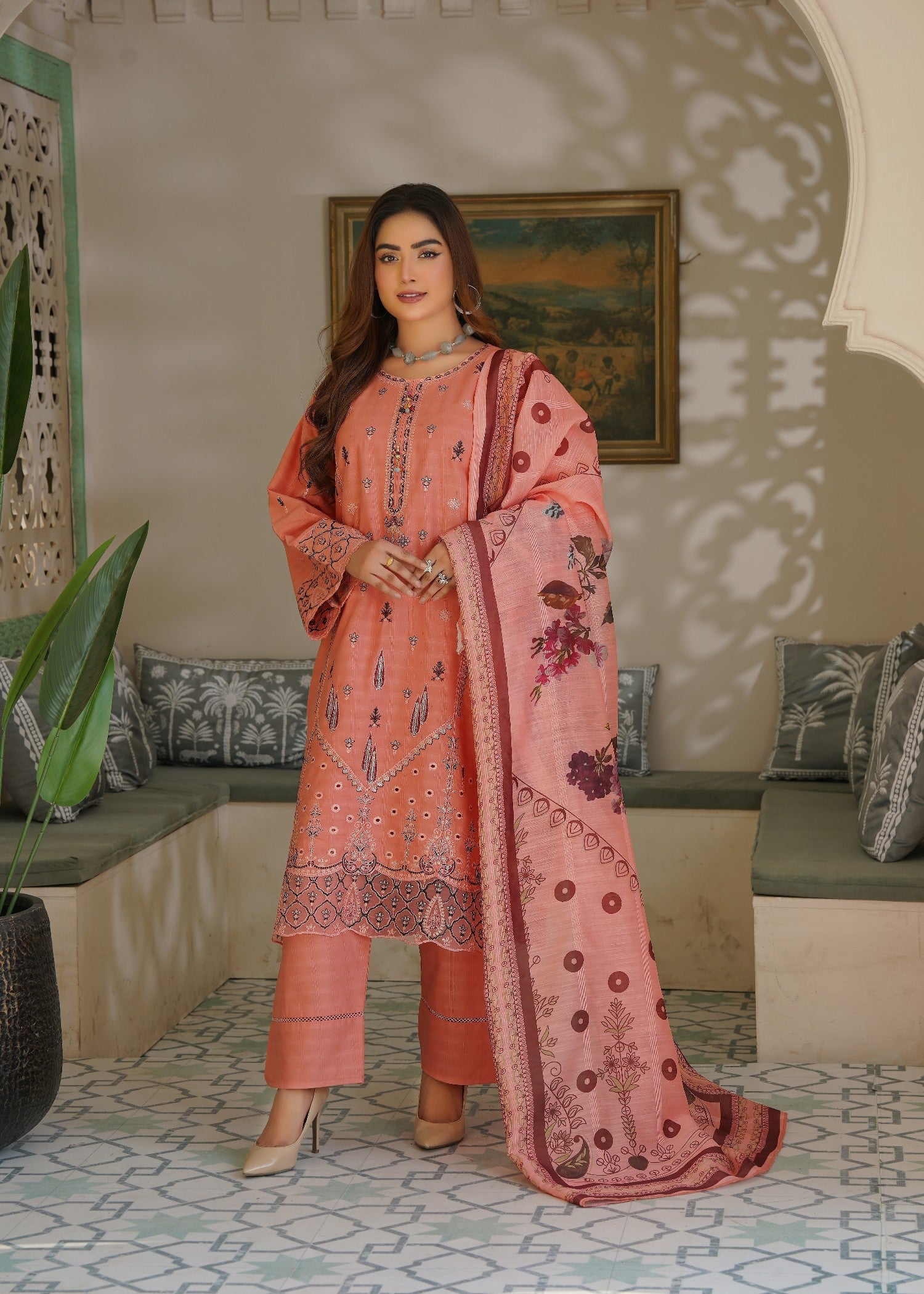 cotton Kurta Set in Peach pink