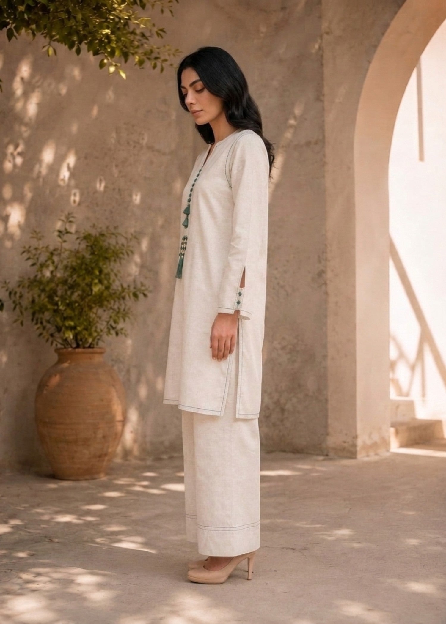 viscose jacquard Kurta Set in Ivory