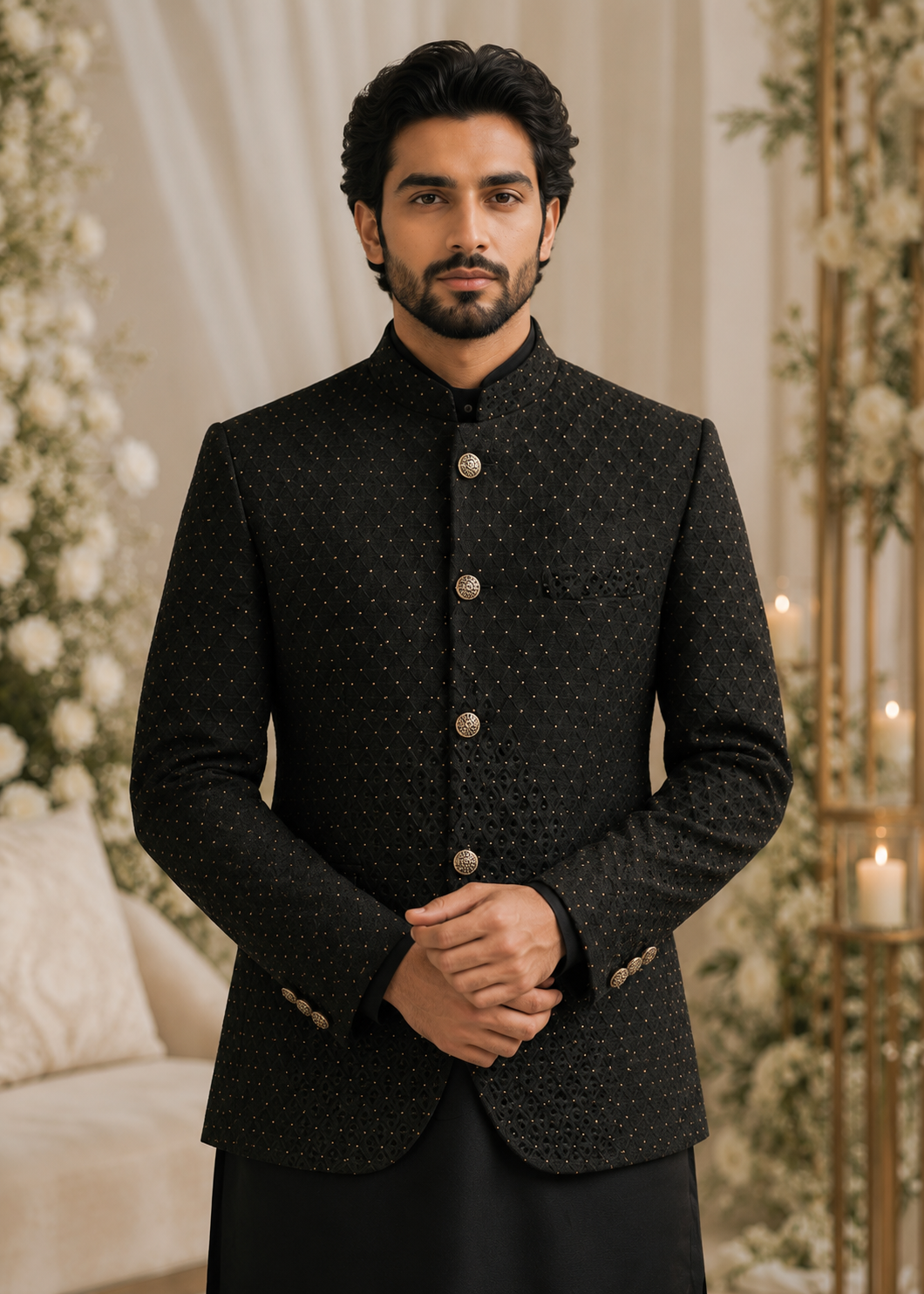 jamawar Prince Coat in Black by Dress Designers