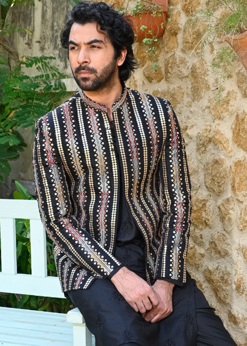 raw silk Prince Coat in Jet black