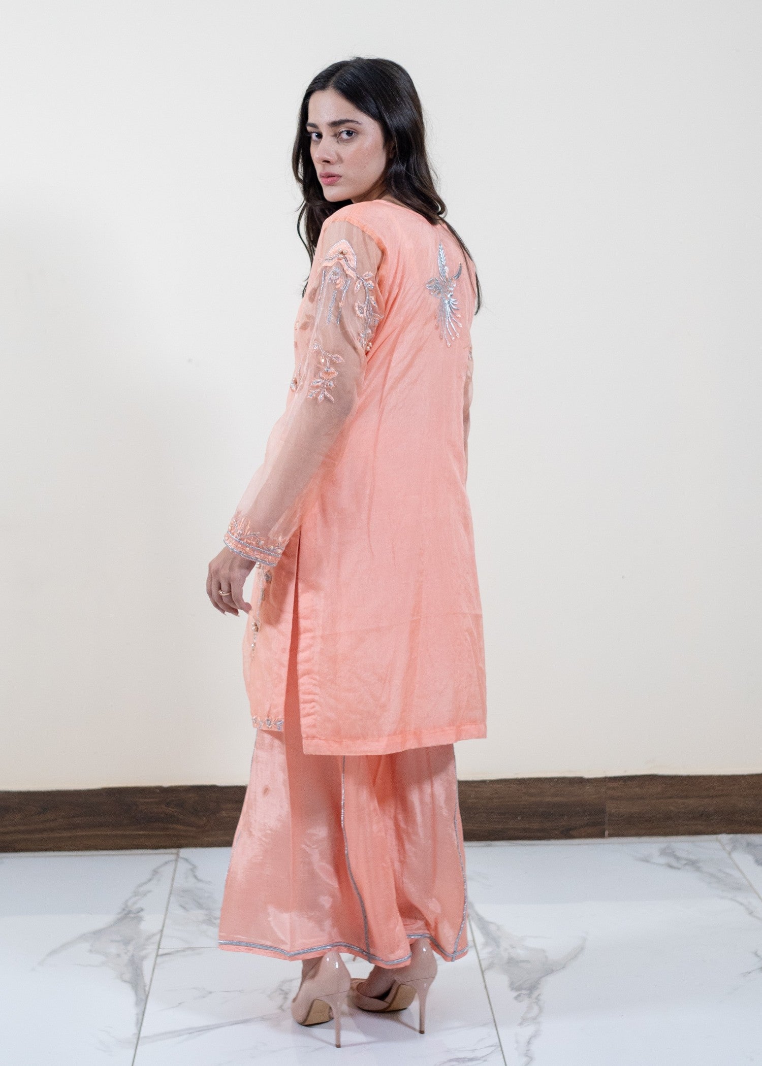 organza Kurta Set in Peach pink