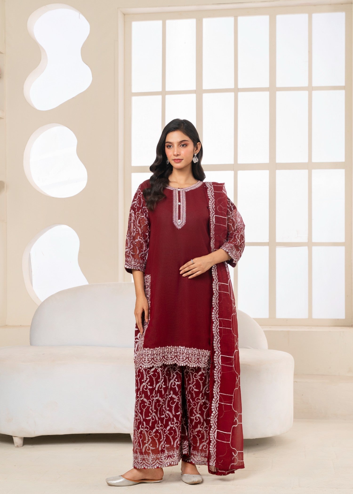 chiffon Kurta Set in Maroon