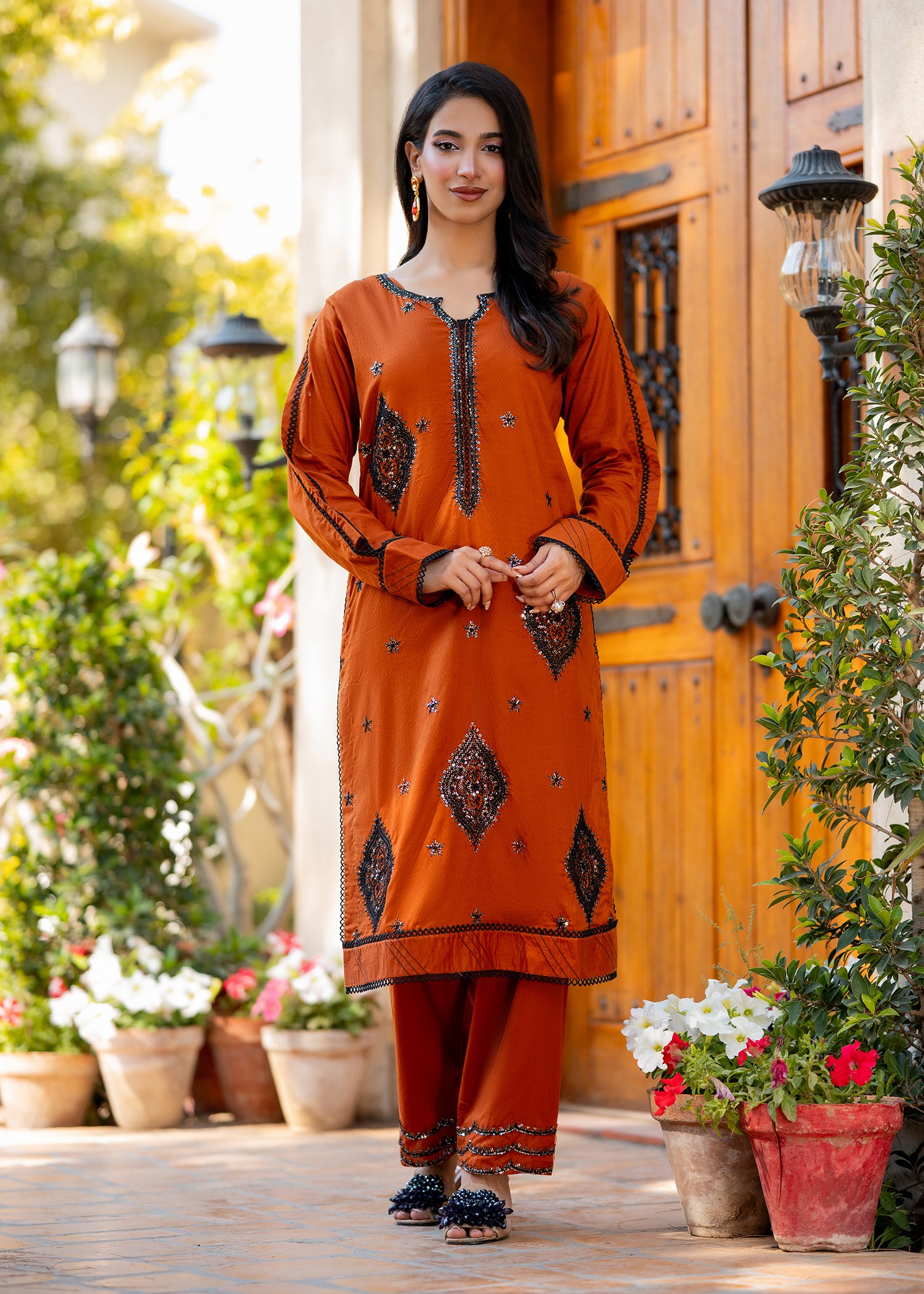 jacquard Kurta Set in Yellow-orange