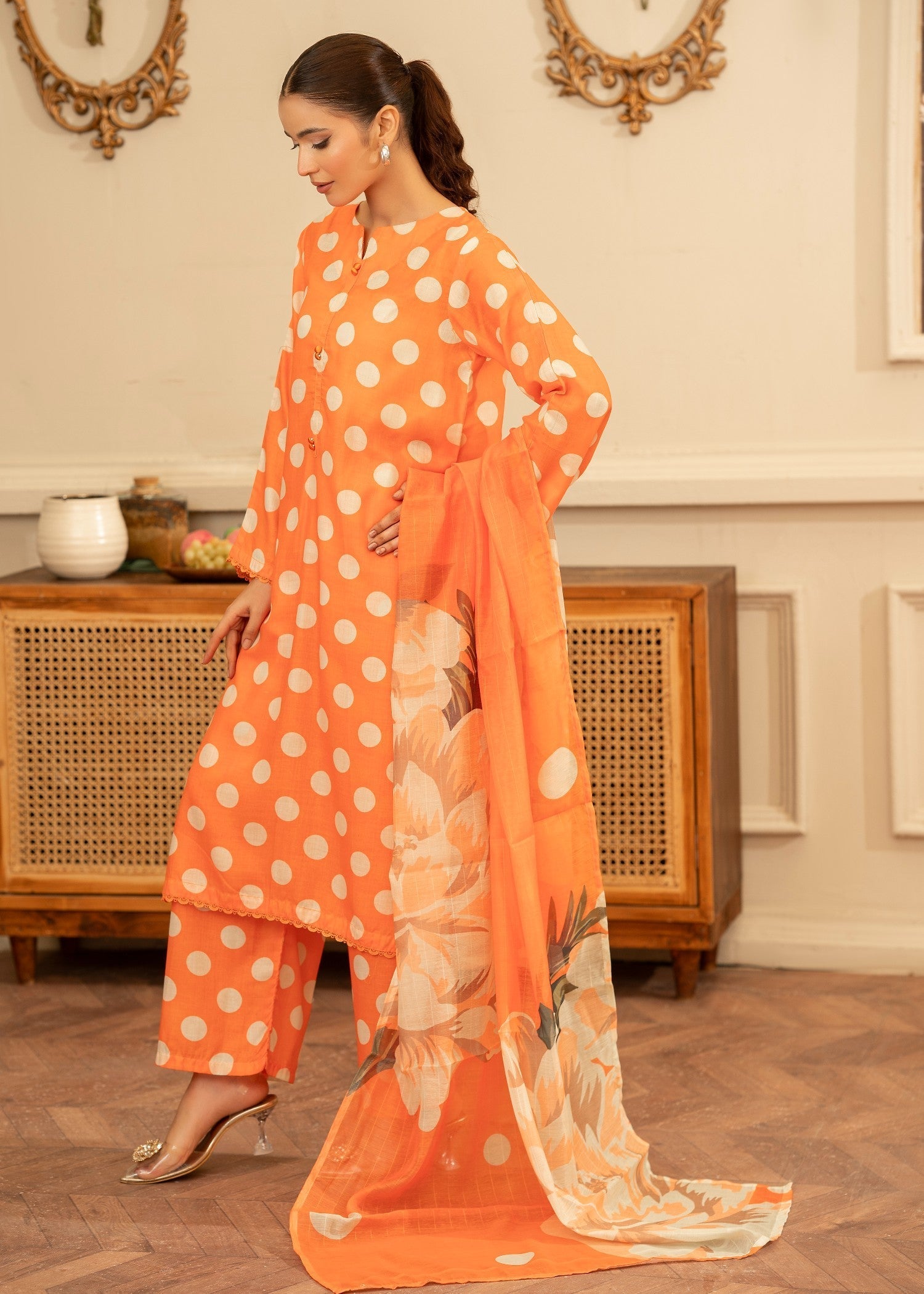 poly lawn Kurta Set in Orange