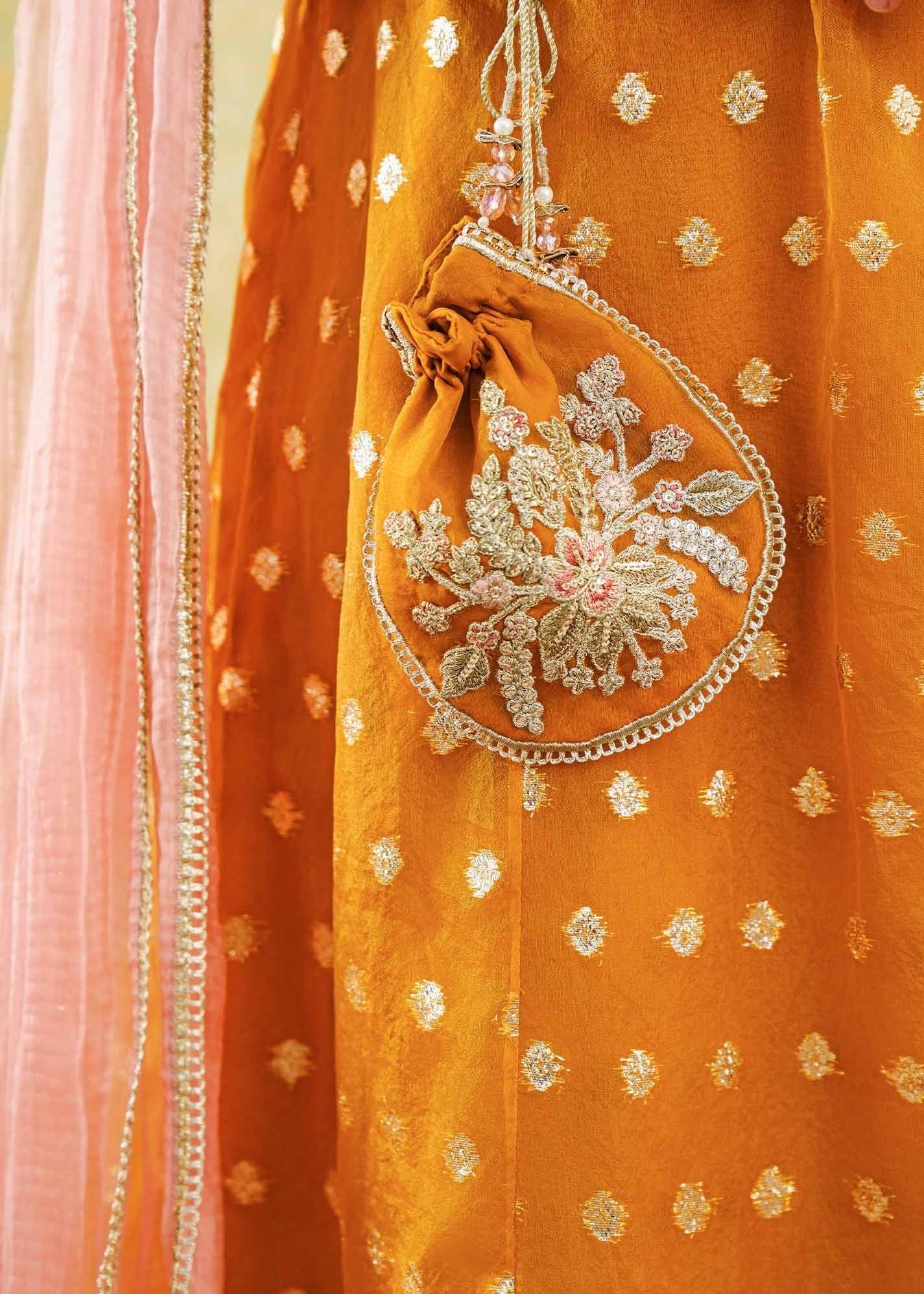 zari organza Pishwas in Mustard