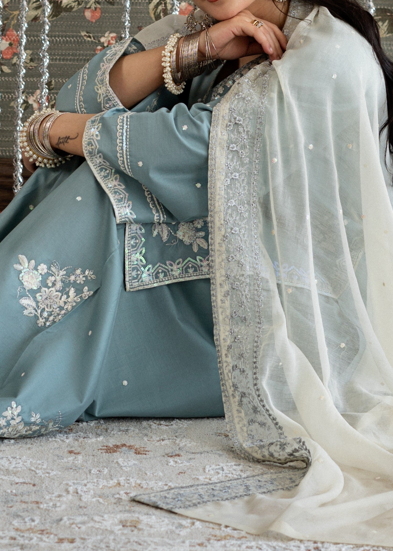 lawn Kurta Set in Off-white, light blue